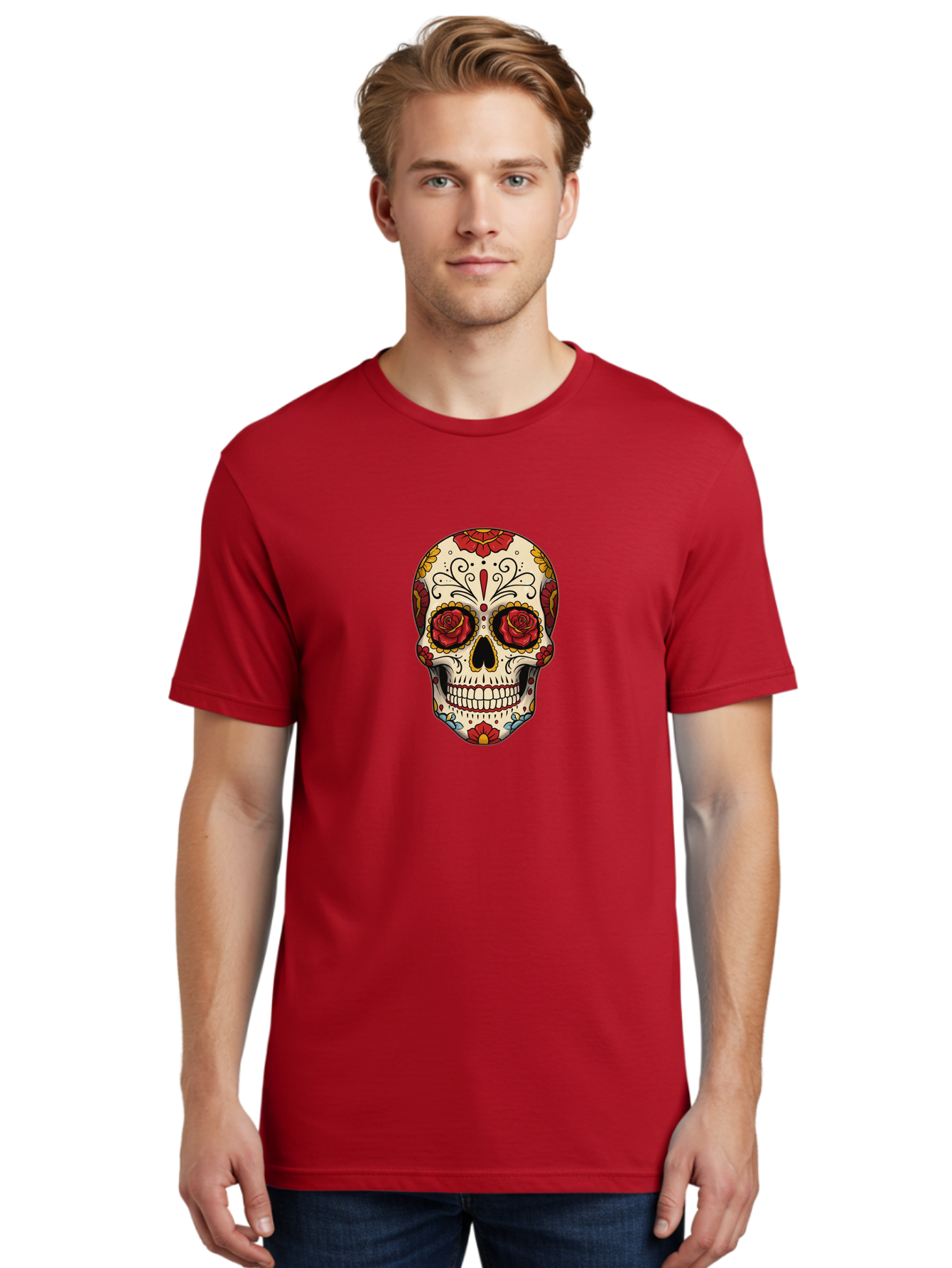 Sugar-Skull-2 Men'S Graphic Tee, 100% Cotton, Comfortable Casual Summer Wear, Machine Washable, Sugar Skull, Day Of The Dead, Floral Design, Red Roses, Skull Art, Vibrant Colors, Mexican Culture, Decorative Skull, Intricate Patterns, Bad769