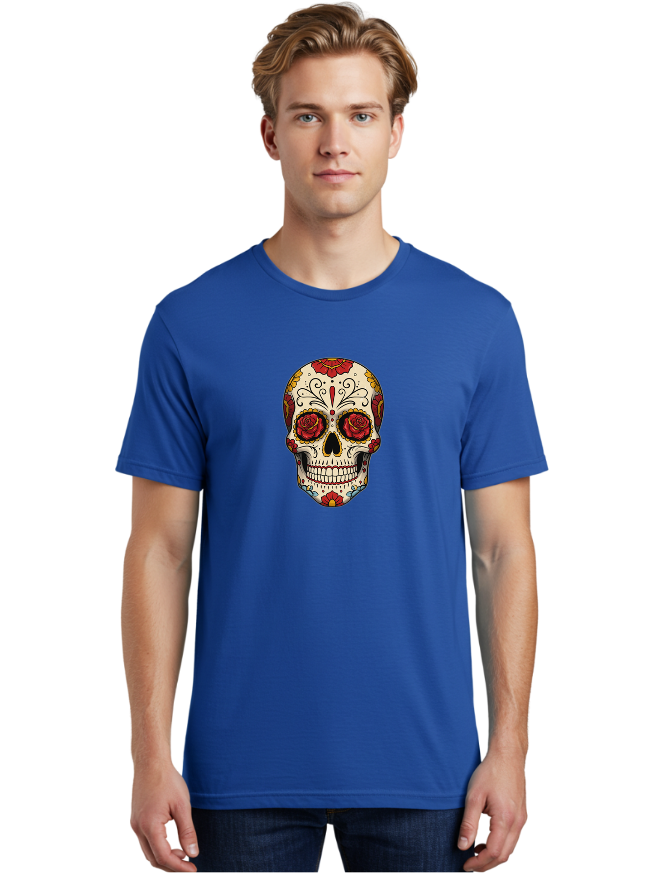 Sugar-Skull-2 Men'S Graphic Tee, 100% Cotton, Comfortable Casual Summer Wear, Machine Washable, Sugar Skull, Day Of The Dead, Floral Design, Red Roses, Skull Art, Vibrant Colors, Mexican Culture, Decorative Skull, Intricate Patterns, Bad769
