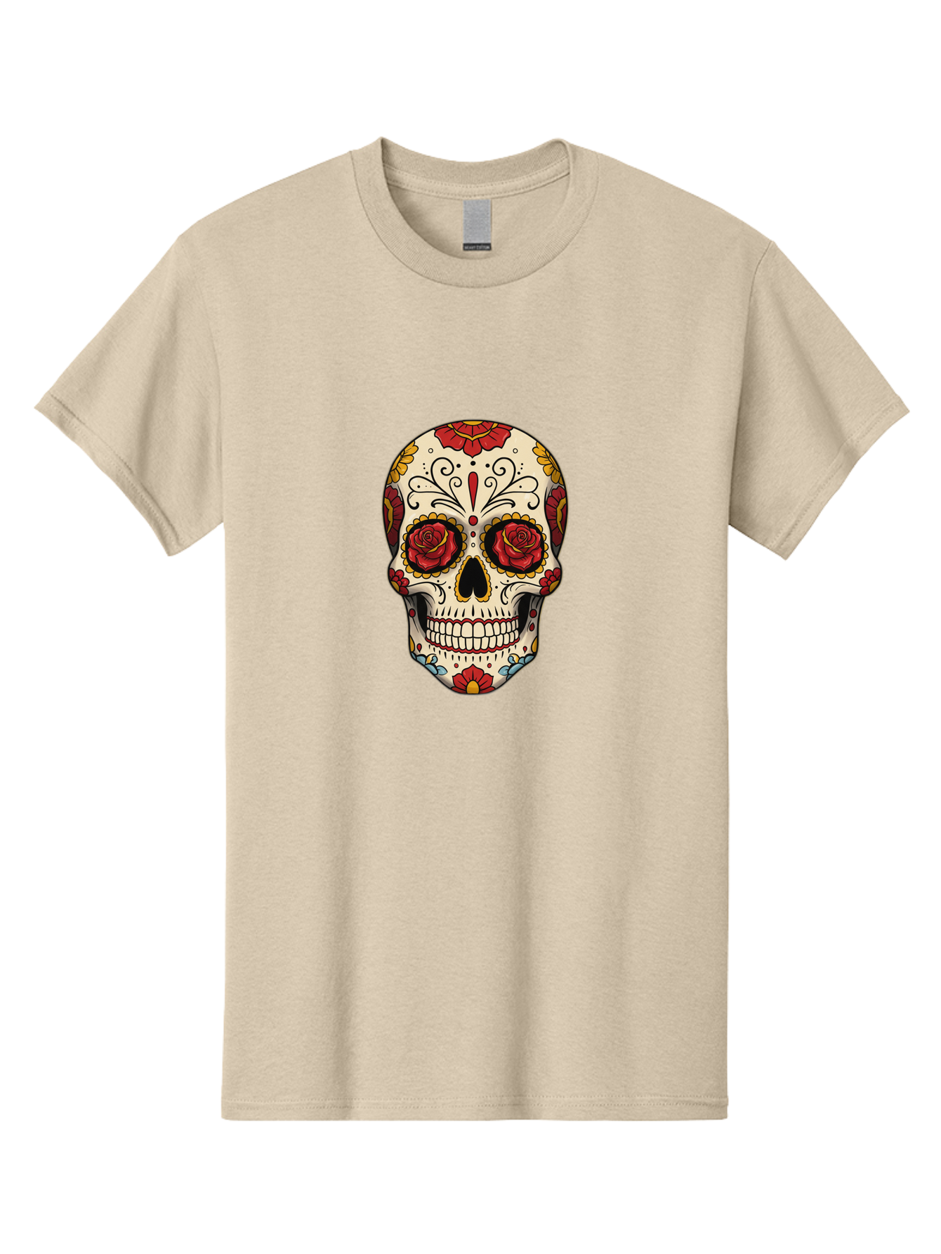 Sugar-Skull-2 Men'S Graphic Tee, 100% Cotton, Comfortable Casual Summer Wear, Machine Washable, Sugar Skull, Day Of The Dead, Floral Design, Red Roses, Skull Art, Vibrant Colors, Mexican Culture, Decorative Skull, Intricate Patterns, Bad769