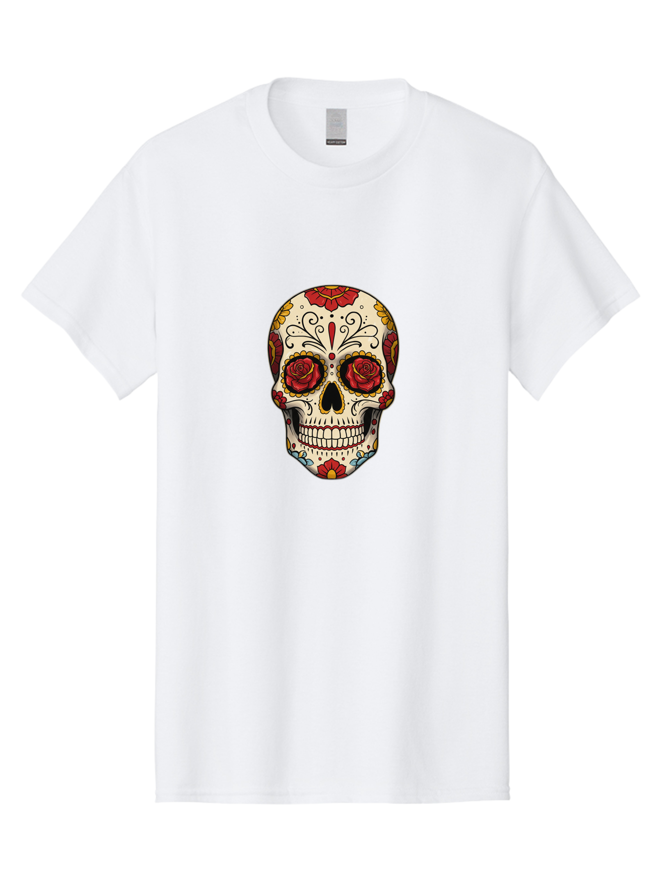 Sugar-Skull-2 Men'S Graphic Tee, 100% Cotton, Comfortable Casual Summer Wear, Machine Washable, Sugar Skull, Day Of The Dead, Floral Design, Red Roses, Skull Art, Vibrant Colors, Mexican Culture, Decorative Skull, Intricate Patterns, Bad769