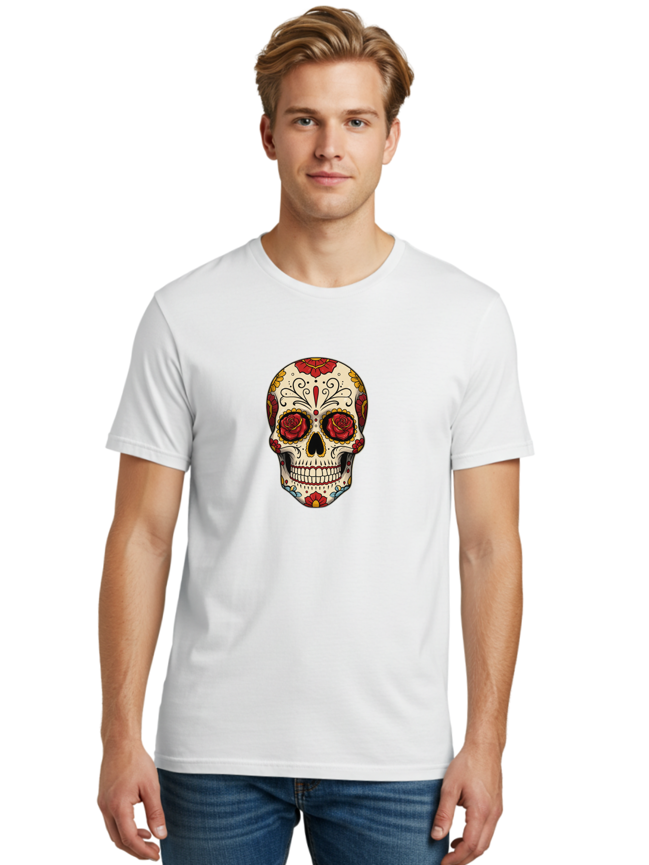 Sugar-Skull-2 Men'S Graphic Tee, 100% Cotton, Comfortable Casual Summer Wear, Machine Washable, Sugar Skull, Day Of The Dead, Floral Design, Red Roses, Skull Art, Vibrant Colors, Mexican Culture, Decorative Skull, Intricate Patterns, Bad769