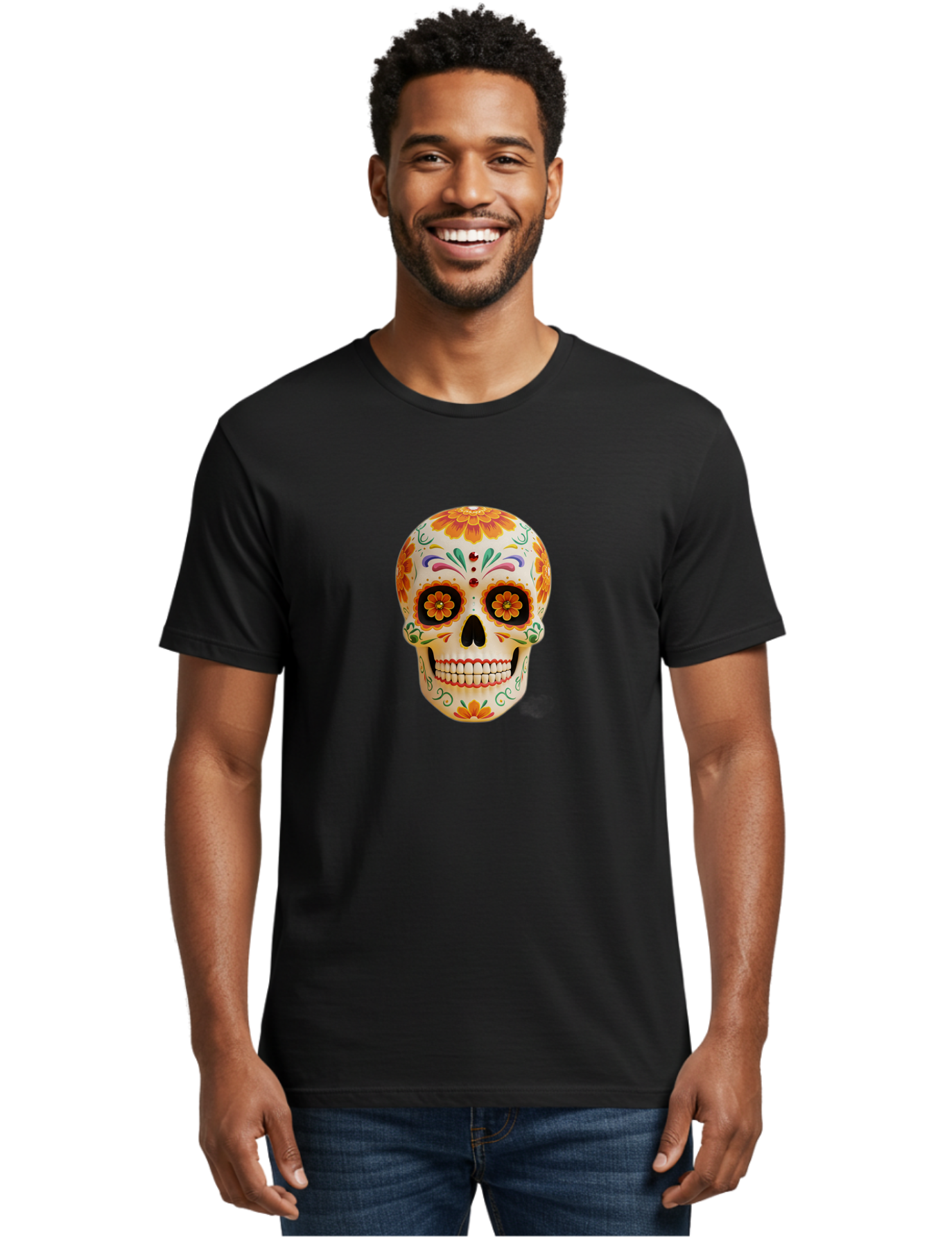 Sugar-Skull-20 Men'S Graphic Tee, 100% Cotton, Comfortable Casual Summer Wear, Machine Washable, Sugar Skull, Day Of The Dead, Dia De Los Muertos, Colorful Skull, Floral Decorations, Vibrant Colors, Mexican Art, Festive, Celebratory, Bad770