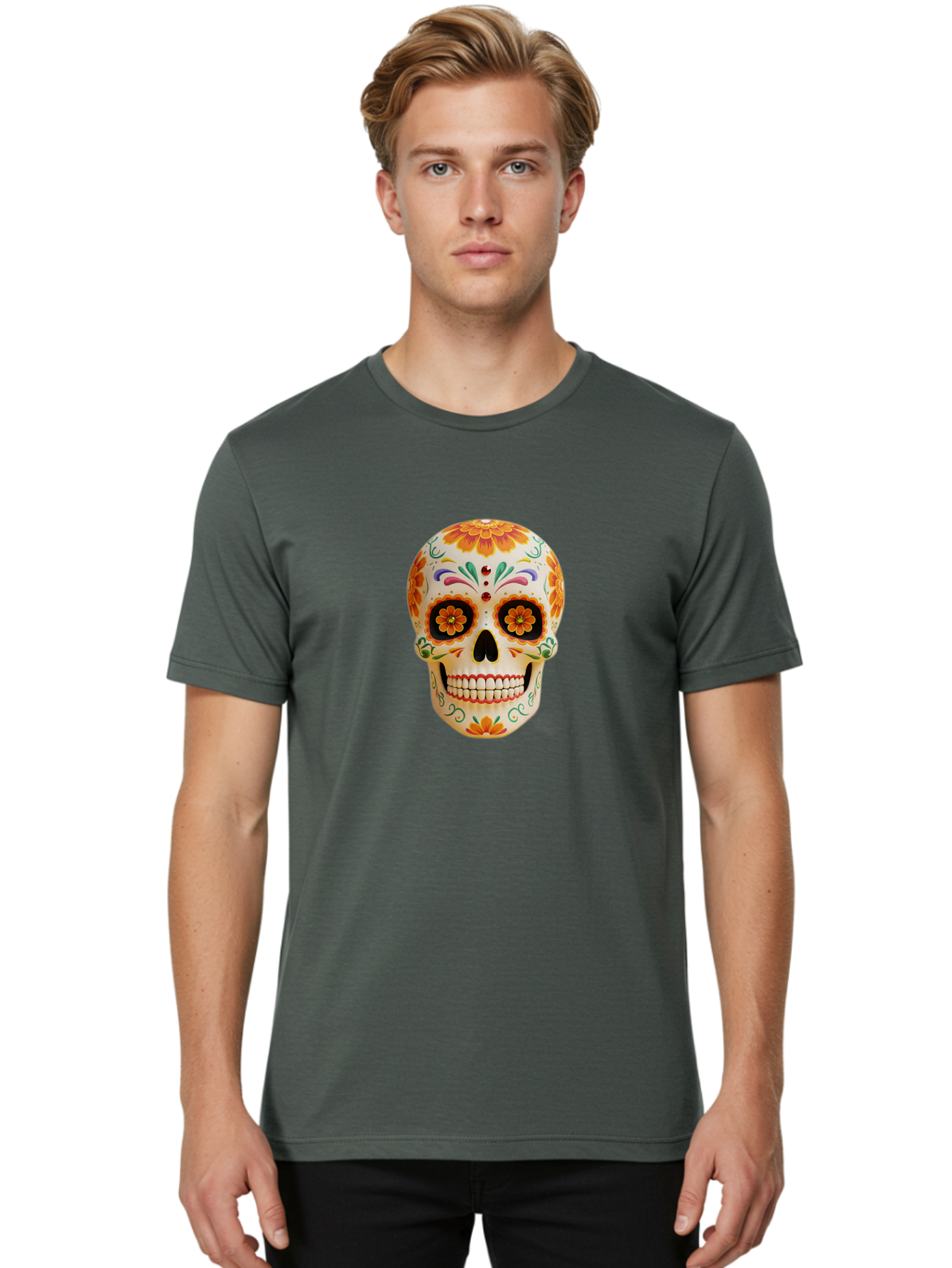 Sugar-Skull-20 Men'S Graphic Tee, 100% Cotton, Comfortable Casual Summer Wear, Machine Washable, Sugar Skull, Day Of The Dead, Dia De Los Muertos, Colorful Skull, Floral Decorations, Vibrant Colors, Mexican Art, Festive, Celebratory, Bad770