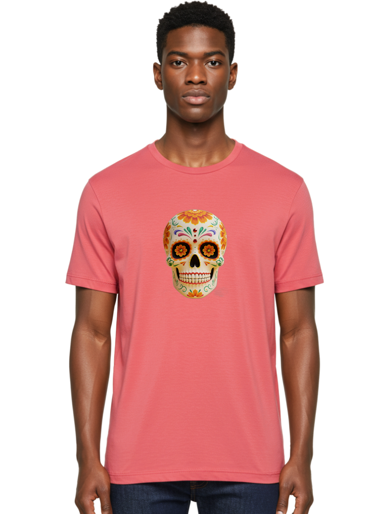 Sugar-Skull-20 Men'S Graphic Tee, 100% Cotton, Comfortable Casual Summer Wear, Machine Washable, Sugar Skull, Day Of The Dead, Dia De Los Muertos, Colorful Skull, Floral Decorations, Vibrant Colors, Mexican Art, Festive, Celebratory, Bad770