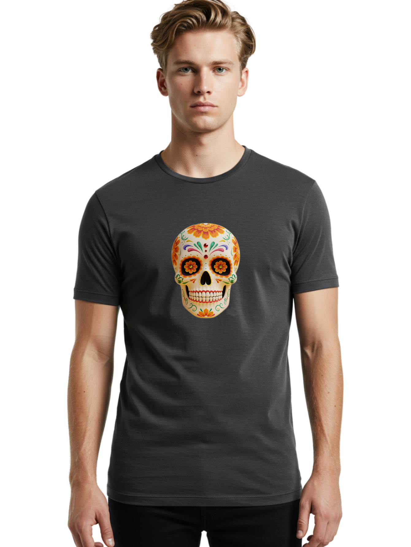 Sugar-Skull-20 Men'S Graphic Tee, 100% Cotton, Comfortable Casual Summer Wear, Machine Washable, Sugar Skull, Day Of The Dead, Dia De Los Muertos, Colorful Skull, Floral Decorations, Vibrant Colors, Mexican Art, Festive, Celebratory, Bad770