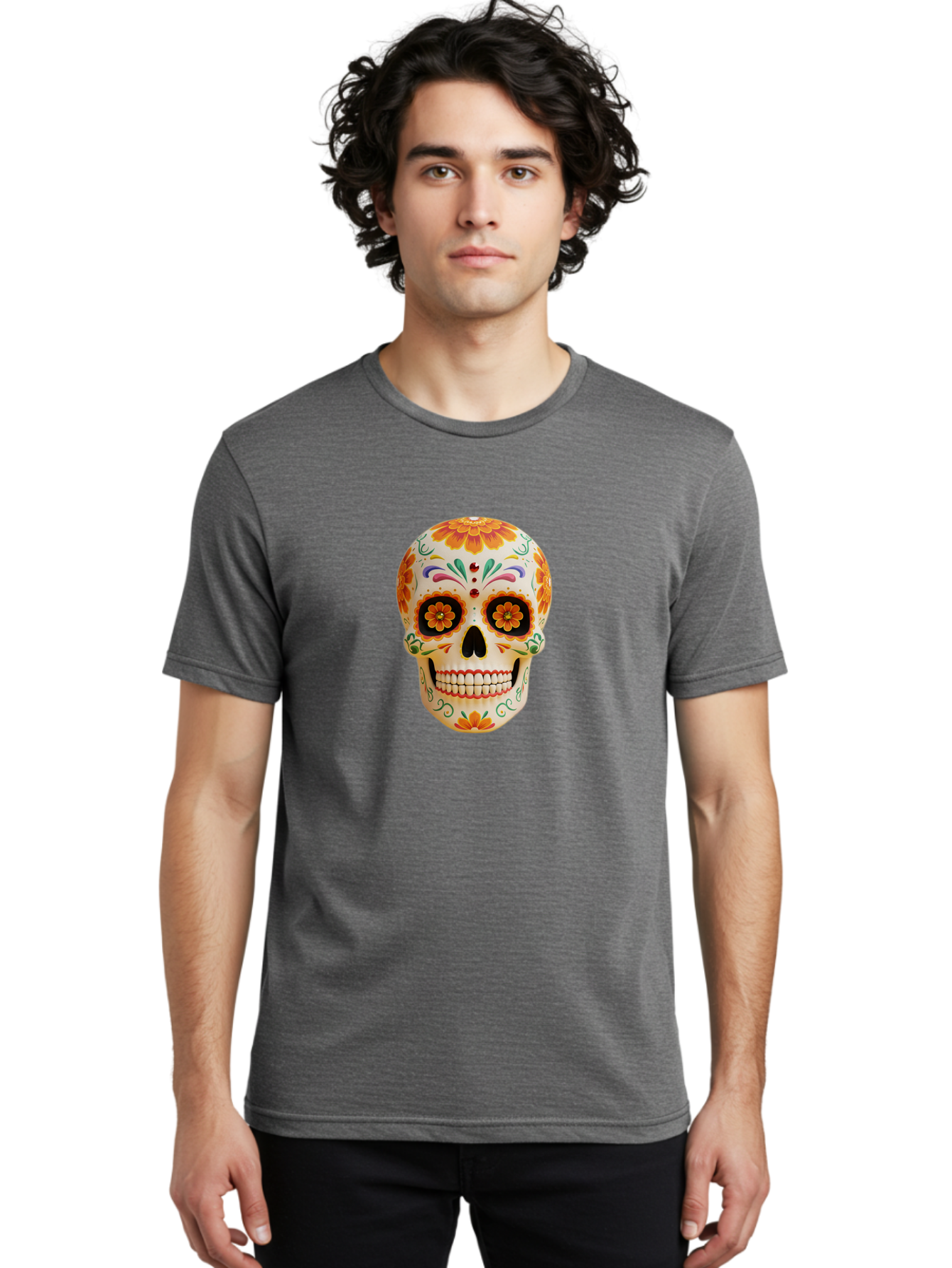 Sugar-Skull-20 Men'S Graphic Tee, 100% Cotton, Comfortable Casual Summer Wear, Machine Washable, Sugar Skull, Day Of The Dead, Dia De Los Muertos, Colorful Skull, Floral Decorations, Vibrant Colors, Mexican Art, Festive, Celebratory, Bad770