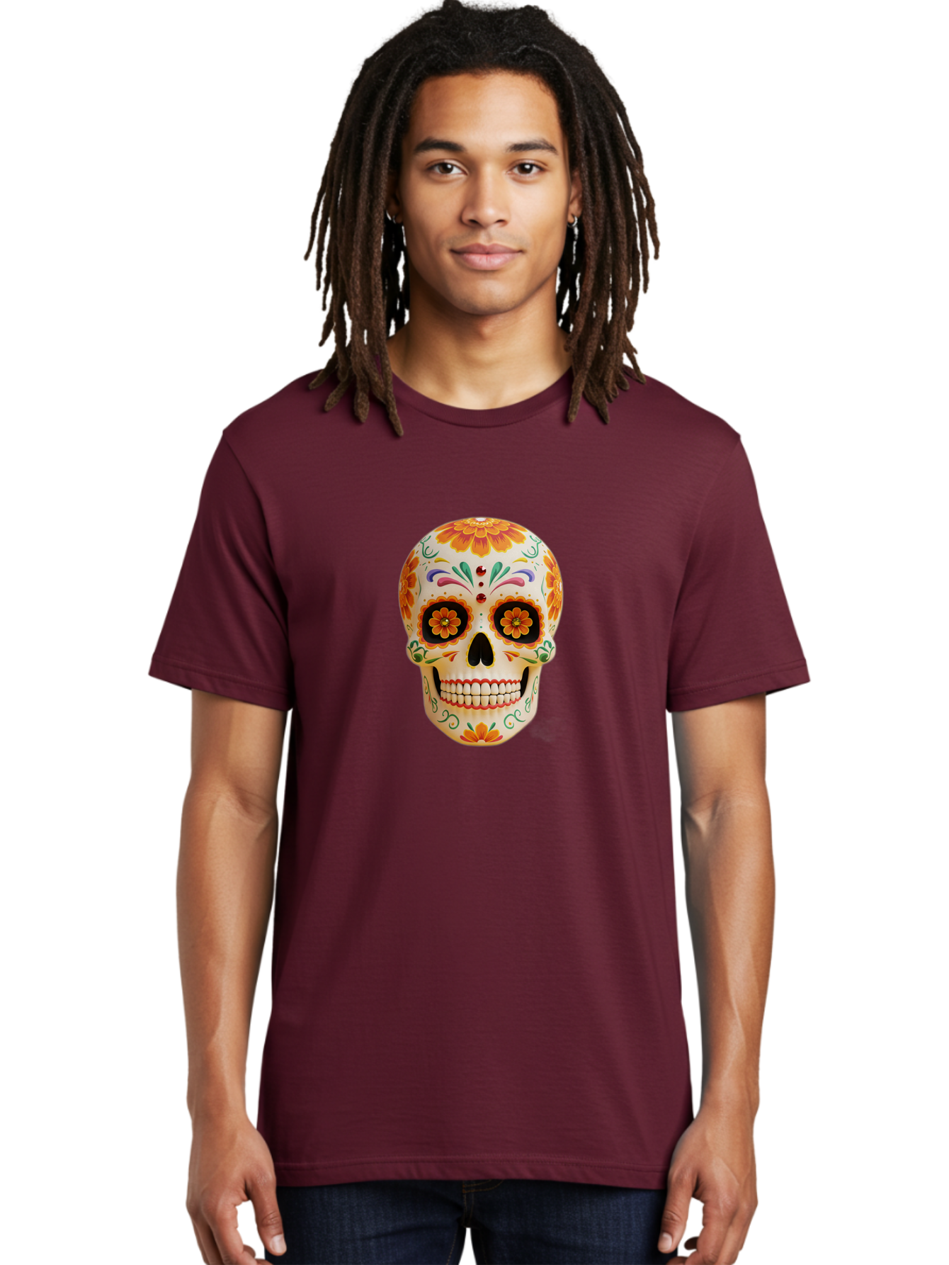 Sugar-Skull-20 Men'S Graphic Tee, 100% Cotton, Comfortable Casual Summer Wear, Machine Washable, Sugar Skull, Day Of The Dead, Dia De Los Muertos, Colorful Skull, Floral Decorations, Vibrant Colors, Mexican Art, Festive, Celebratory, Bad770