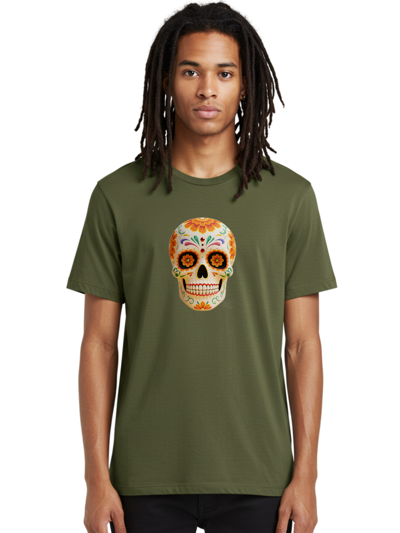 Sugar-Skull-20 Men'S Graphic Tee, 100% Cotton, Comfortable Casual Summer Wear, Machine Washable, Sugar Skull, Day Of The Dead, Dia De Los Muertos, Colorful Skull, Floral Decorations, Vibrant Colors, Mexican Art, Festive, Celebratory, Bad770