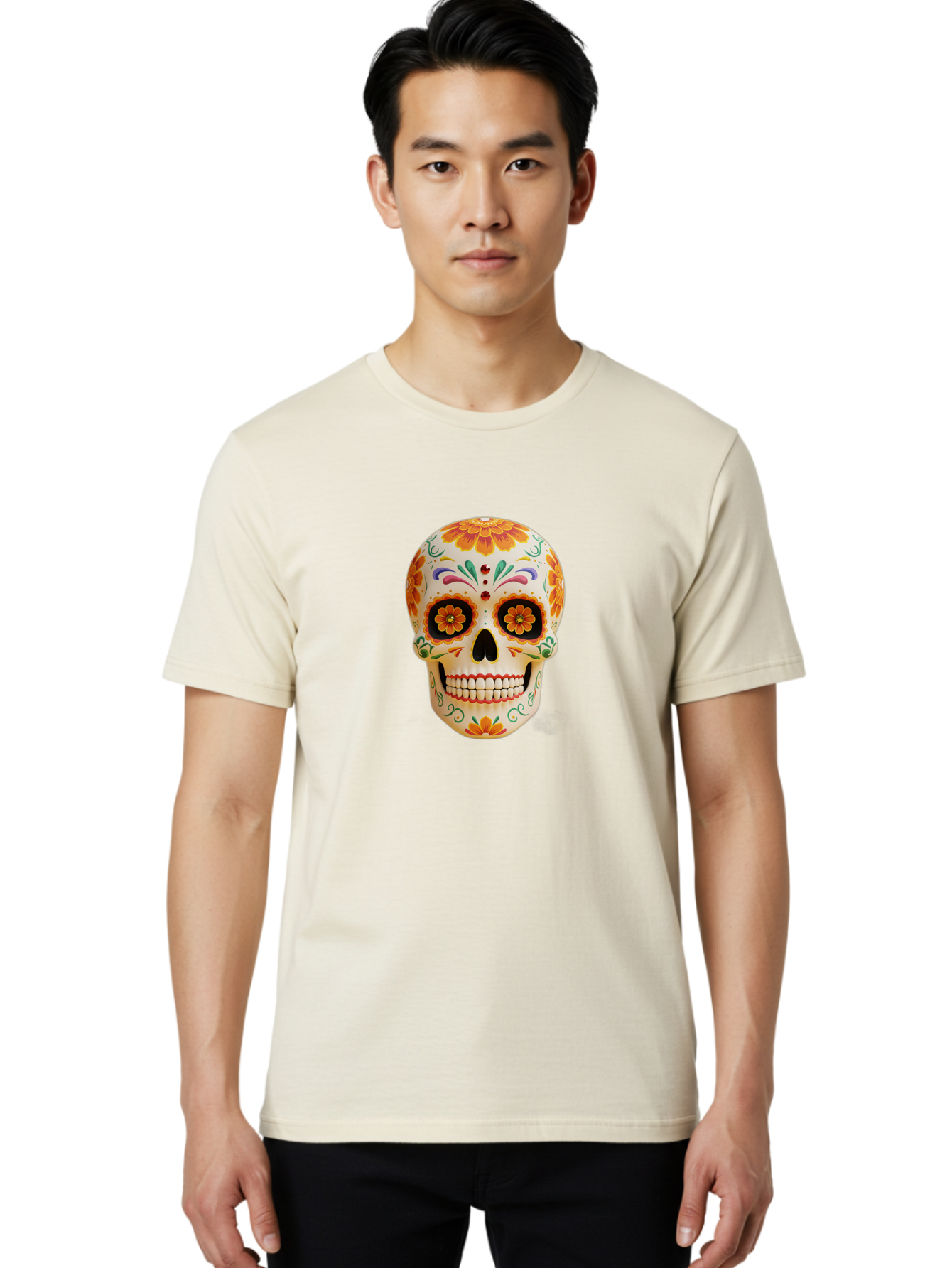 Sugar-Skull-20 Men'S Graphic Tee, 100% Cotton, Comfortable Casual Summer Wear, Machine Washable, Sugar Skull, Day Of The Dead, Dia De Los Muertos, Colorful Skull, Floral Decorations, Vibrant Colors, Mexican Art, Festive, Celebratory, Bad770