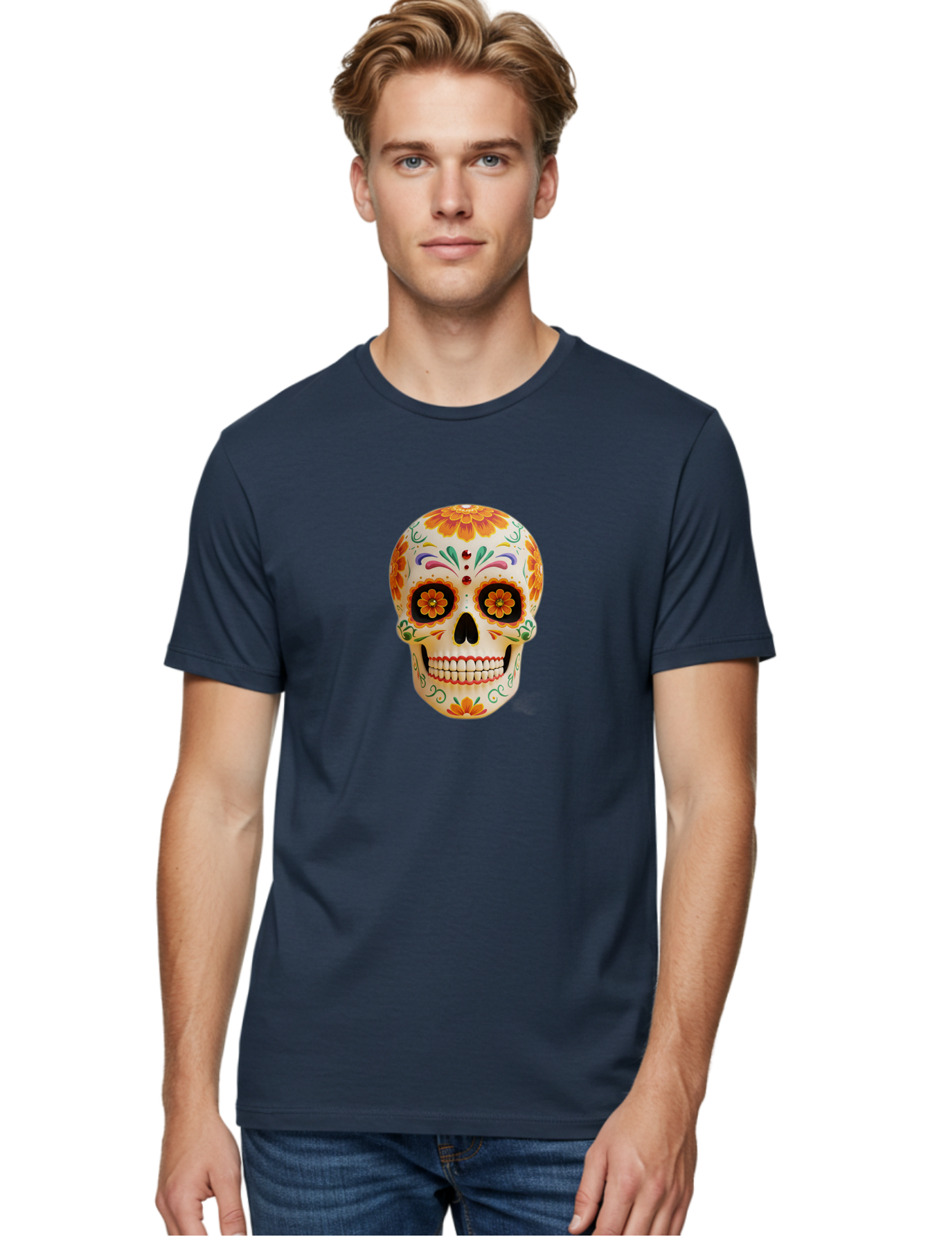 Sugar-Skull-20 Men'S Graphic Tee, 100% Cotton, Comfortable Casual Summer Wear, Machine Washable, Sugar Skull, Day Of The Dead, Dia De Los Muertos, Colorful Skull, Floral Decorations, Vibrant Colors, Mexican Art, Festive, Celebratory, Bad770
