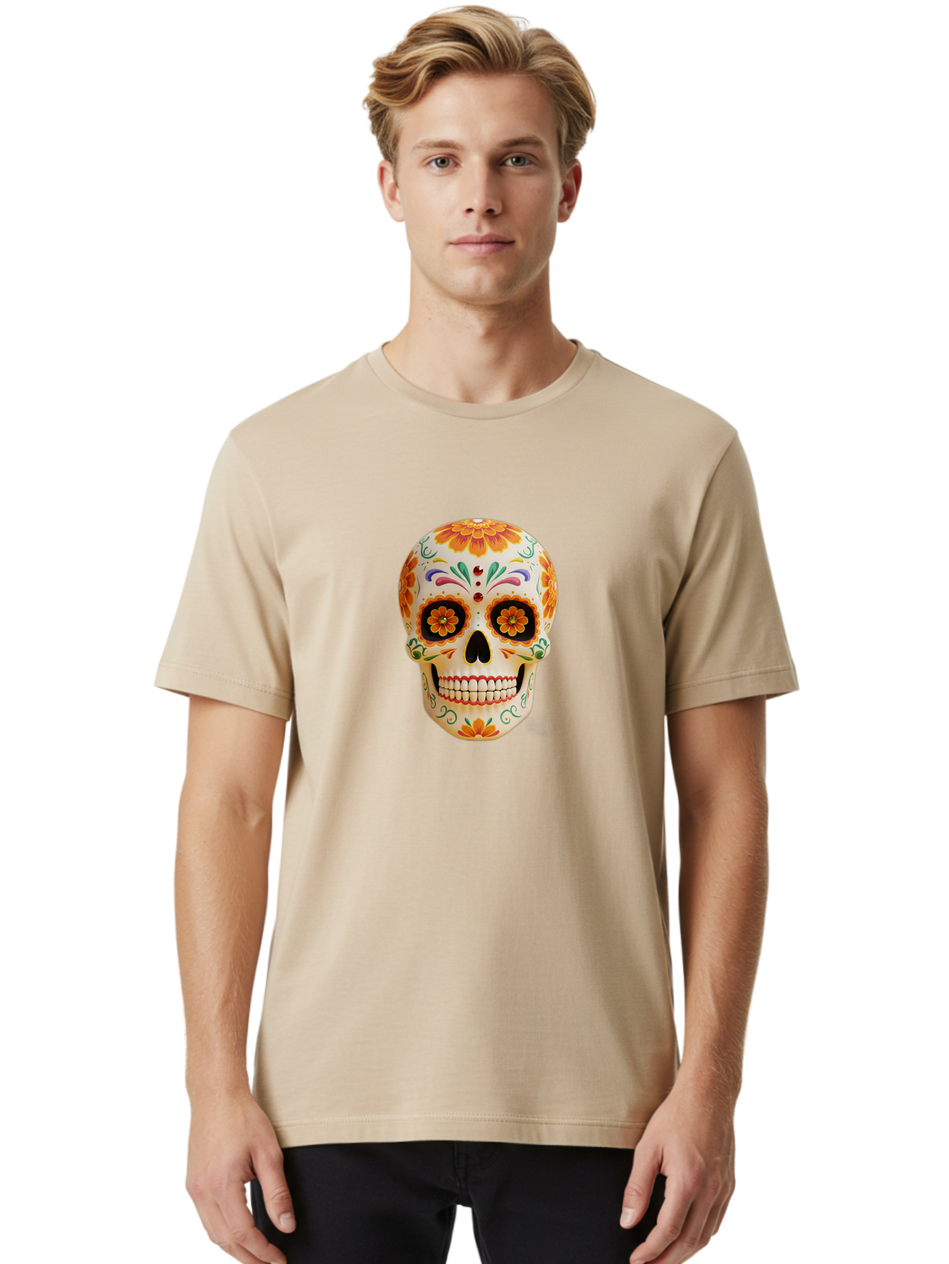 Sugar-Skull-20 Men'S Graphic Tee, 100% Cotton, Comfortable Casual Summer Wear, Machine Washable, Sugar Skull, Day Of The Dead, Dia De Los Muertos, Colorful Skull, Floral Decorations, Vibrant Colors, Mexican Art, Festive, Celebratory, Bad770
