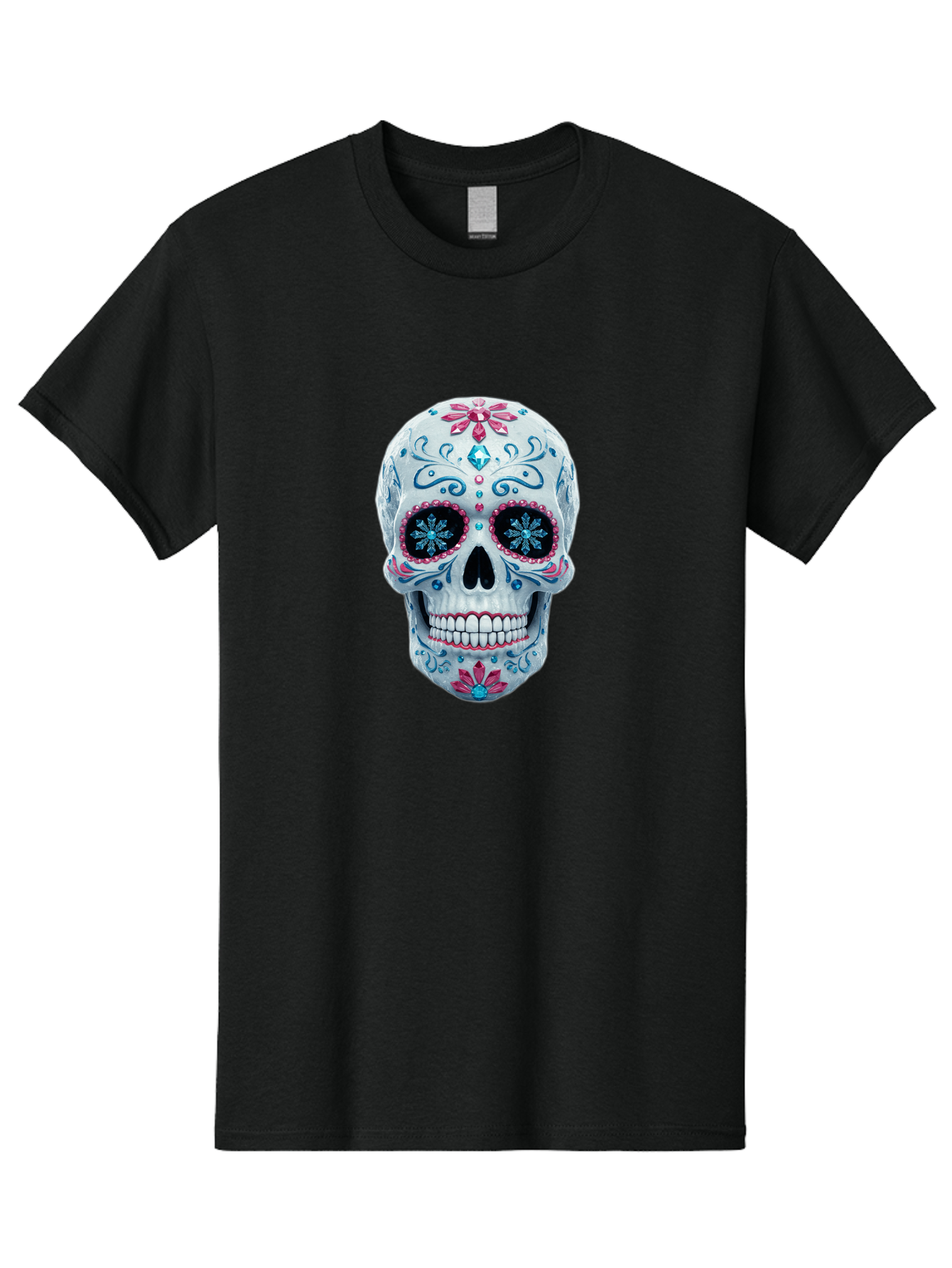 Sugar-Skull-21 Men'S Graphic Tee, 100% Cotton, Comfortable Casual Summer Wear, Machine Washable, Sugar Skull, Day Of The Dead, Decorative Skull, Floral Designs, Blue And Pink Patterns, Intricate Details, Festive Vibe, Cultural Heritage, Bad771