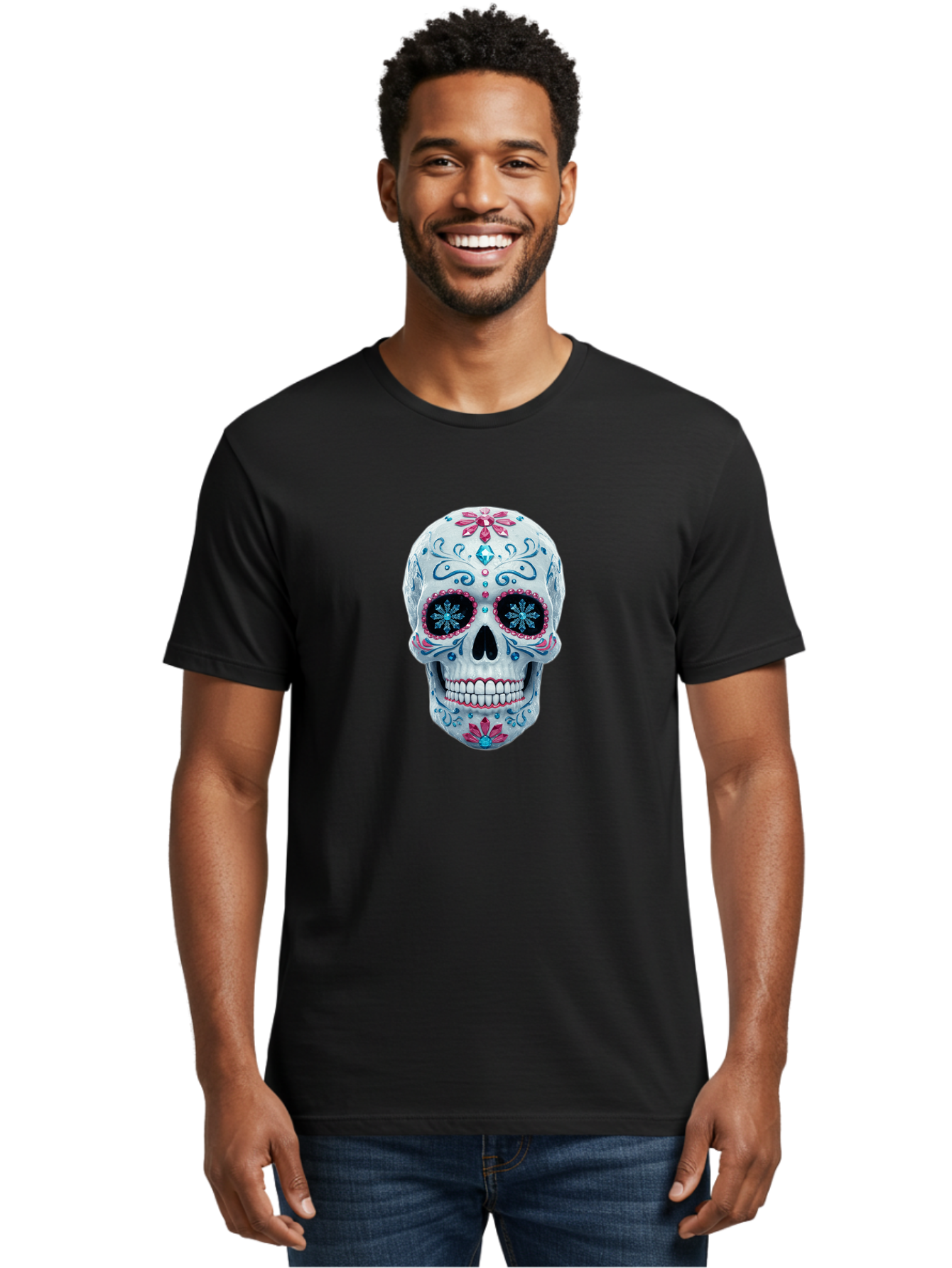 Sugar-Skull-21 Men'S Graphic Tee, 100% Cotton, Comfortable Casual Summer Wear, Machine Washable, Sugar Skull, Day Of The Dead, Decorative Skull, Floral Designs, Blue And Pink Patterns, Intricate Details, Festive Vibe, Cultural Heritage, Bad771
