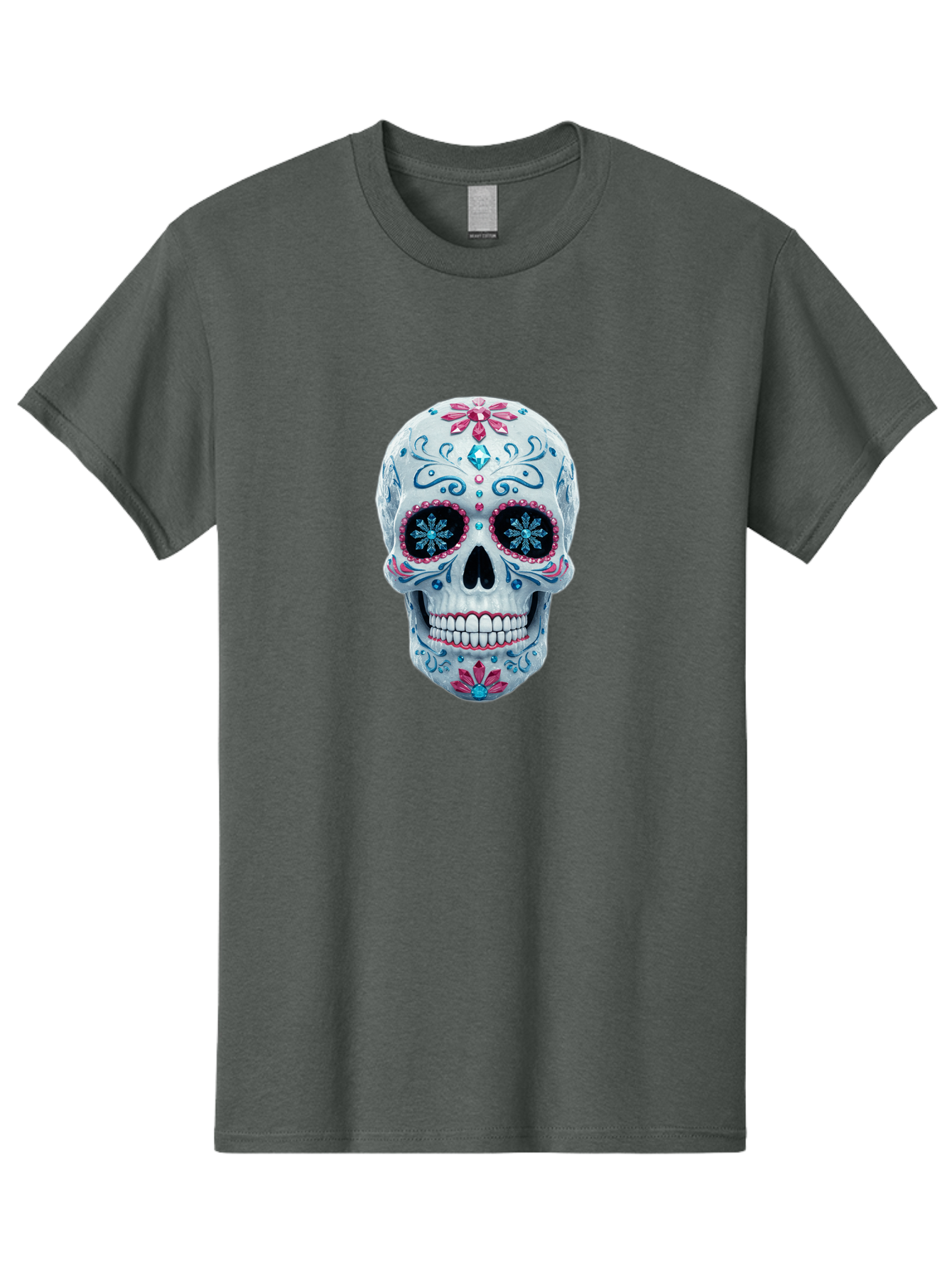 Sugar-Skull-21 Men'S Graphic Tee, 100% Cotton, Comfortable Casual Summer Wear, Machine Washable, Sugar Skull, Day Of The Dead, Decorative Skull, Floral Designs, Blue And Pink Patterns, Intricate Details, Festive Vibe, Cultural Heritage, Bad771