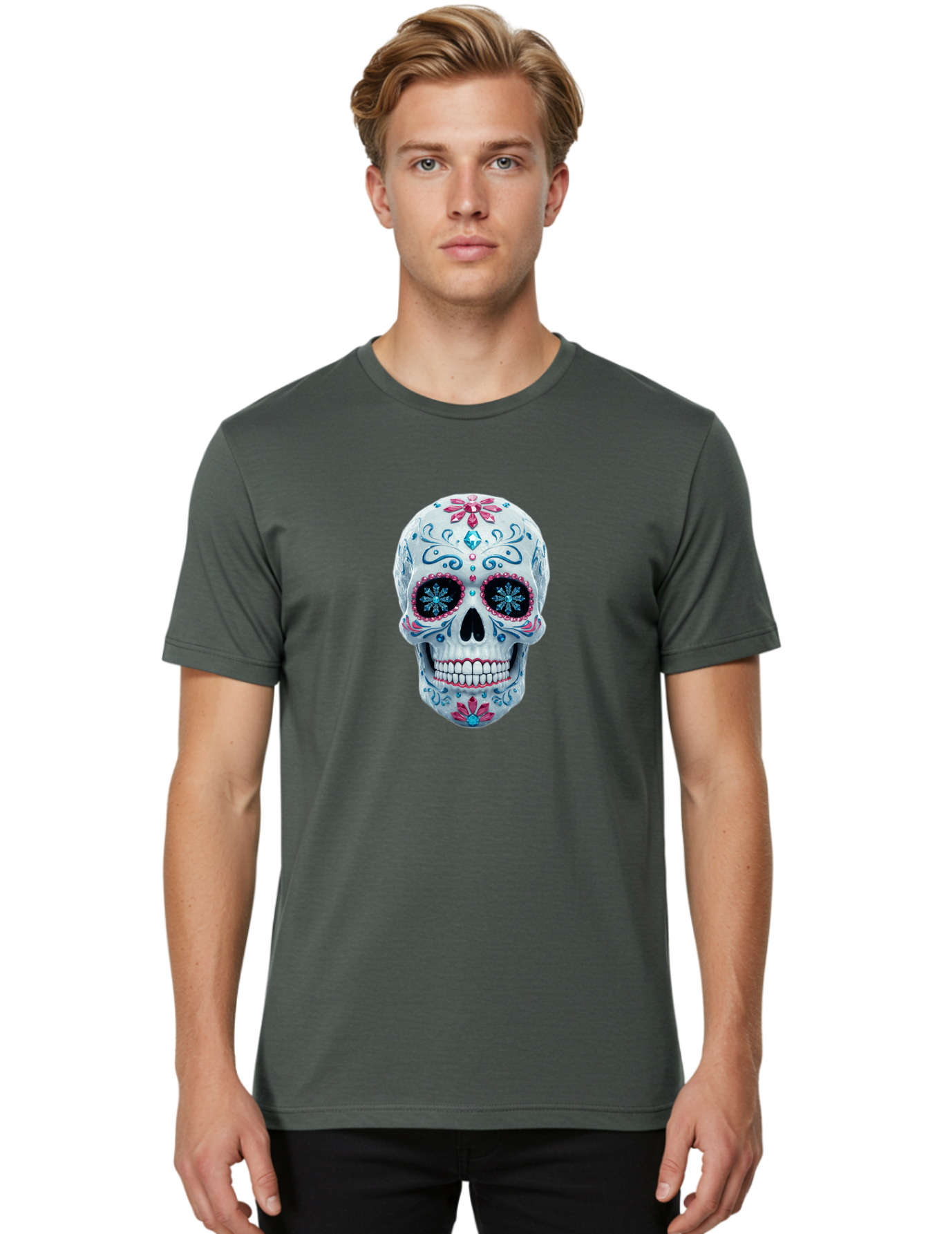 Sugar-Skull-21 Men'S Graphic Tee, 100% Cotton, Comfortable Casual Summer Wear, Machine Washable, Sugar Skull, Day Of The Dead, Decorative Skull, Floral Designs, Blue And Pink Patterns, Intricate Details, Festive Vibe, Cultural Heritage, Bad771
