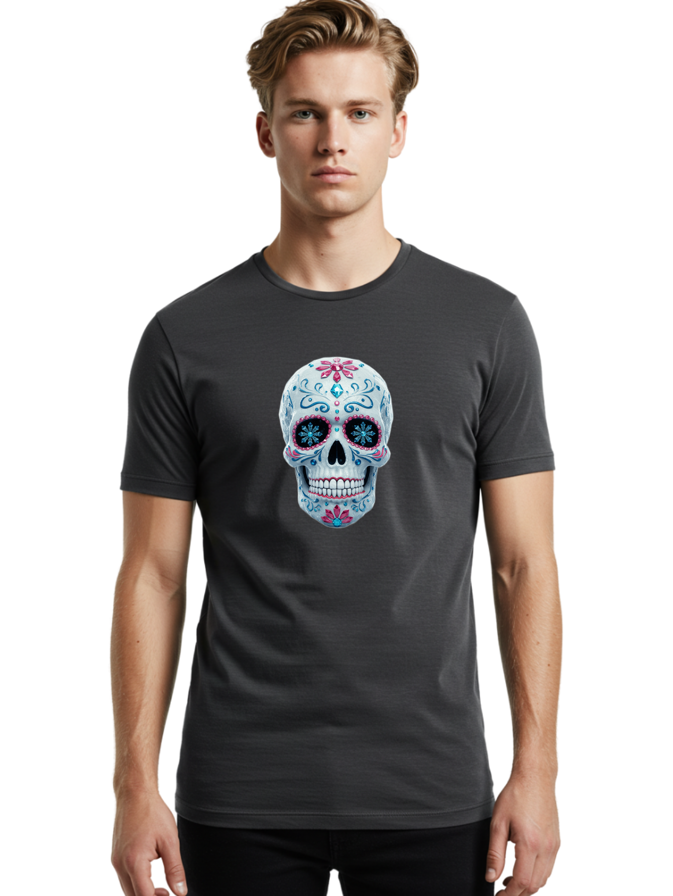 Sugar-Skull-21 Men'S Graphic Tee, 100% Cotton, Comfortable Casual Summer Wear, Machine Washable, Sugar Skull, Day Of The Dead, Decorative Skull, Floral Designs, Blue And Pink Patterns, Intricate Details, Festive Vibe, Cultural Heritage, Bad771
