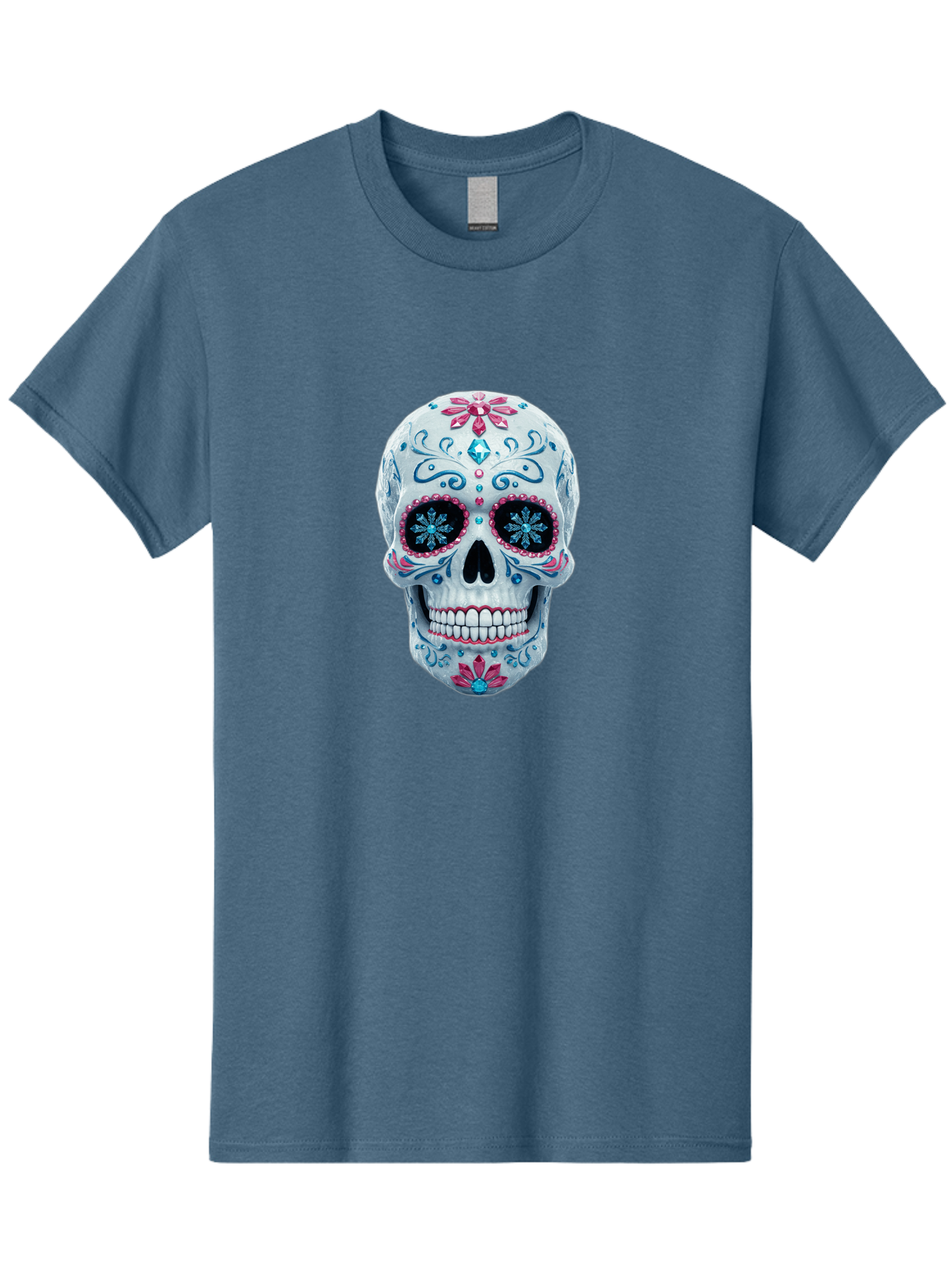 Sugar-Skull-21 Men'S Graphic Tee, 100% Cotton, Comfortable Casual Summer Wear, Machine Washable, Sugar Skull, Day Of The Dead, Decorative Skull, Floral Designs, Blue And Pink Patterns, Intricate Details, Festive Vibe, Cultural Heritage, Bad771