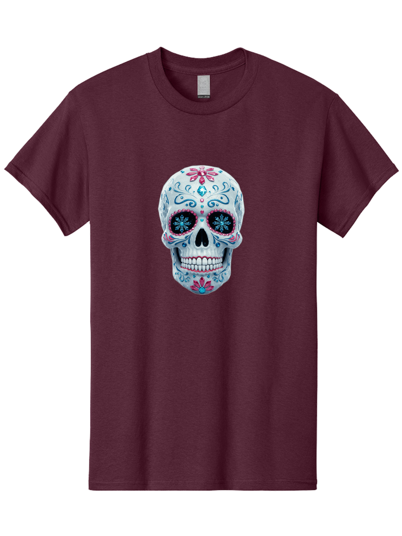 Sugar-Skull-21 Men'S Graphic Tee, 100% Cotton, Comfortable Casual Summer Wear, Machine Washable, Sugar Skull, Day Of The Dead, Decorative Skull, Floral Designs, Blue And Pink Patterns, Intricate Details, Festive Vibe, Cultural Heritage, Bad771