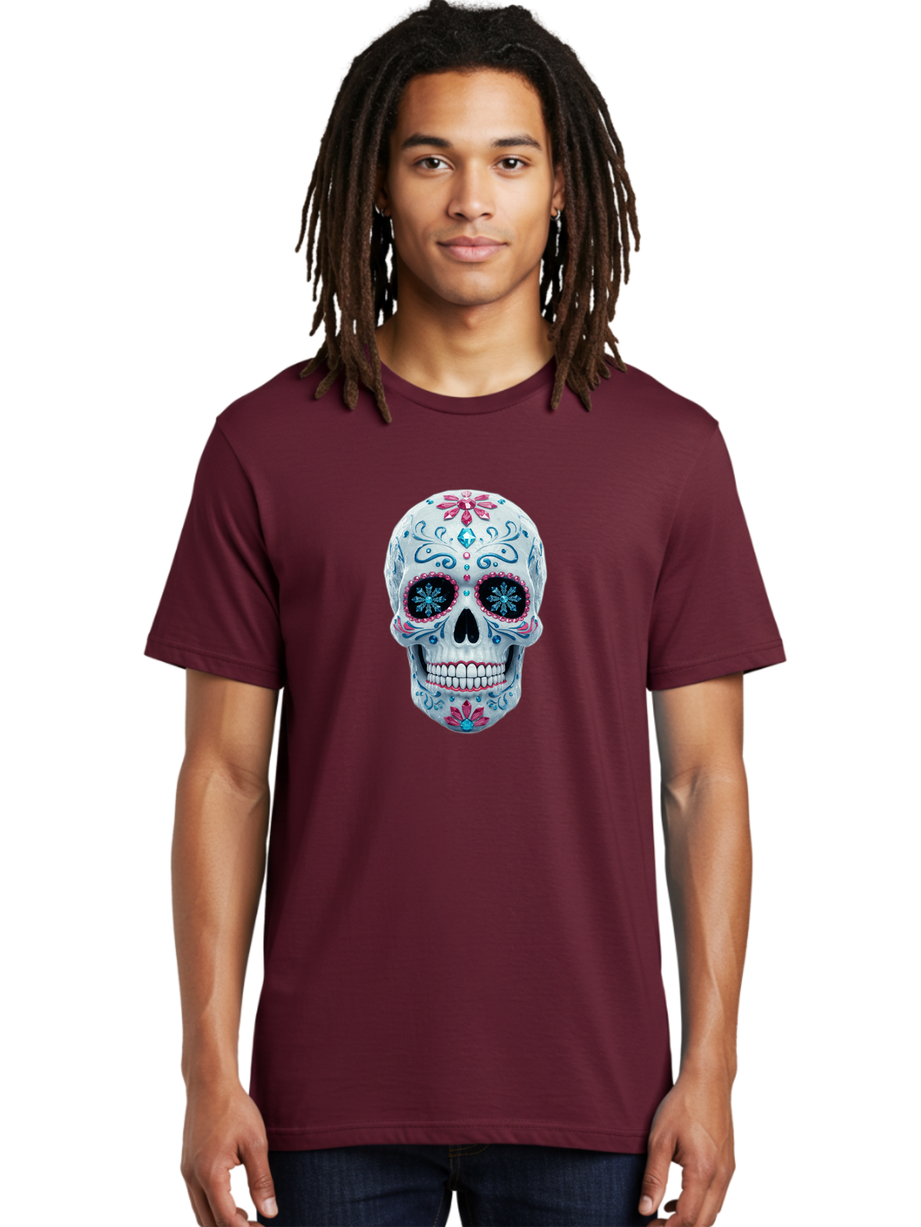 Sugar-Skull-21 Men'S Graphic Tee, 100% Cotton, Comfortable Casual Summer Wear, Machine Washable, Sugar Skull, Day Of The Dead, Decorative Skull, Floral Designs, Blue And Pink Patterns, Intricate Details, Festive Vibe, Cultural Heritage, Bad771