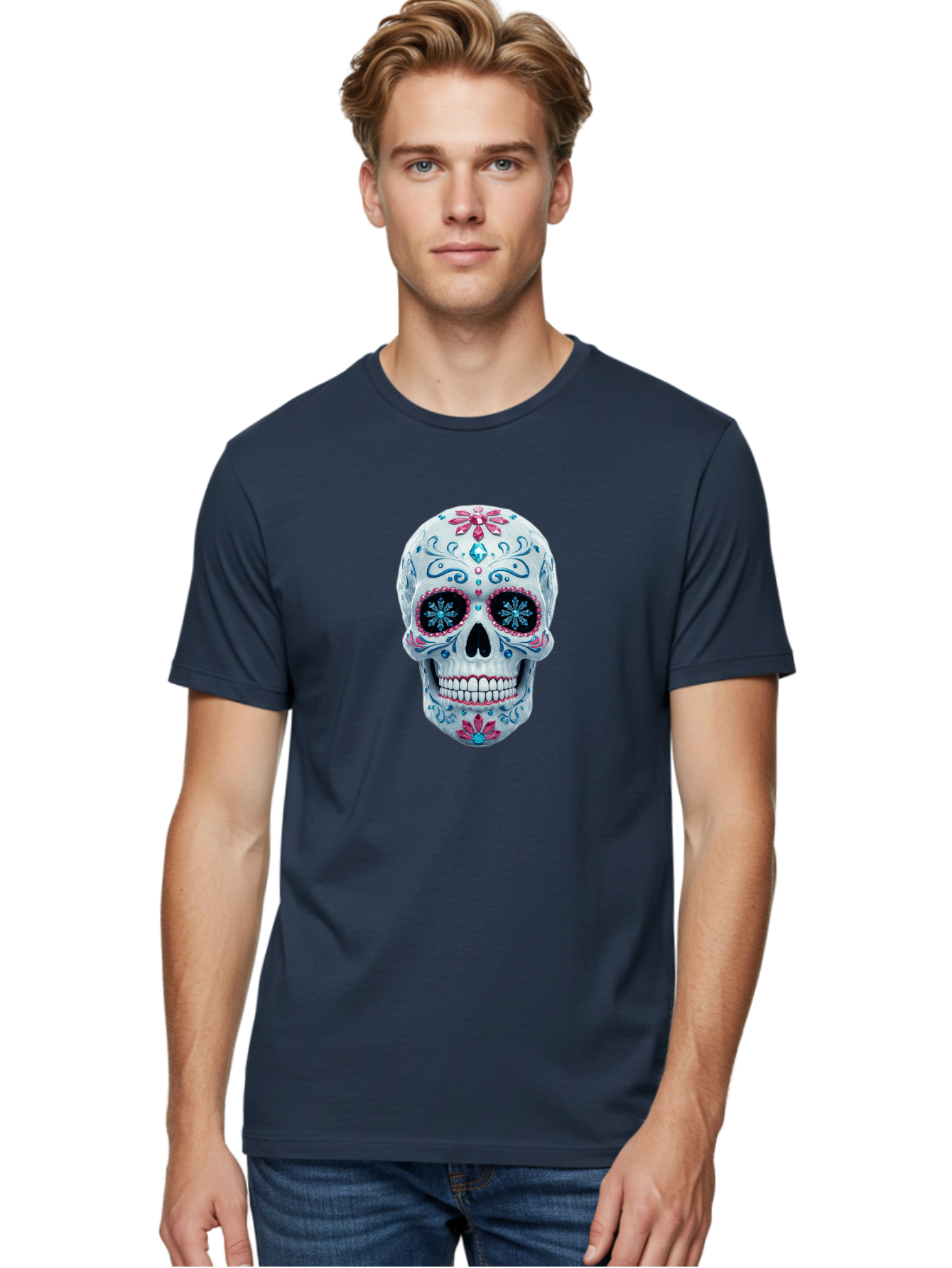 Sugar-Skull-21 Men'S Graphic Tee, 100% Cotton, Comfortable Casual Summer Wear, Machine Washable, Sugar Skull, Day Of The Dead, Decorative Skull, Floral Designs, Blue And Pink Patterns, Intricate Details, Festive Vibe, Cultural Heritage, Bad771