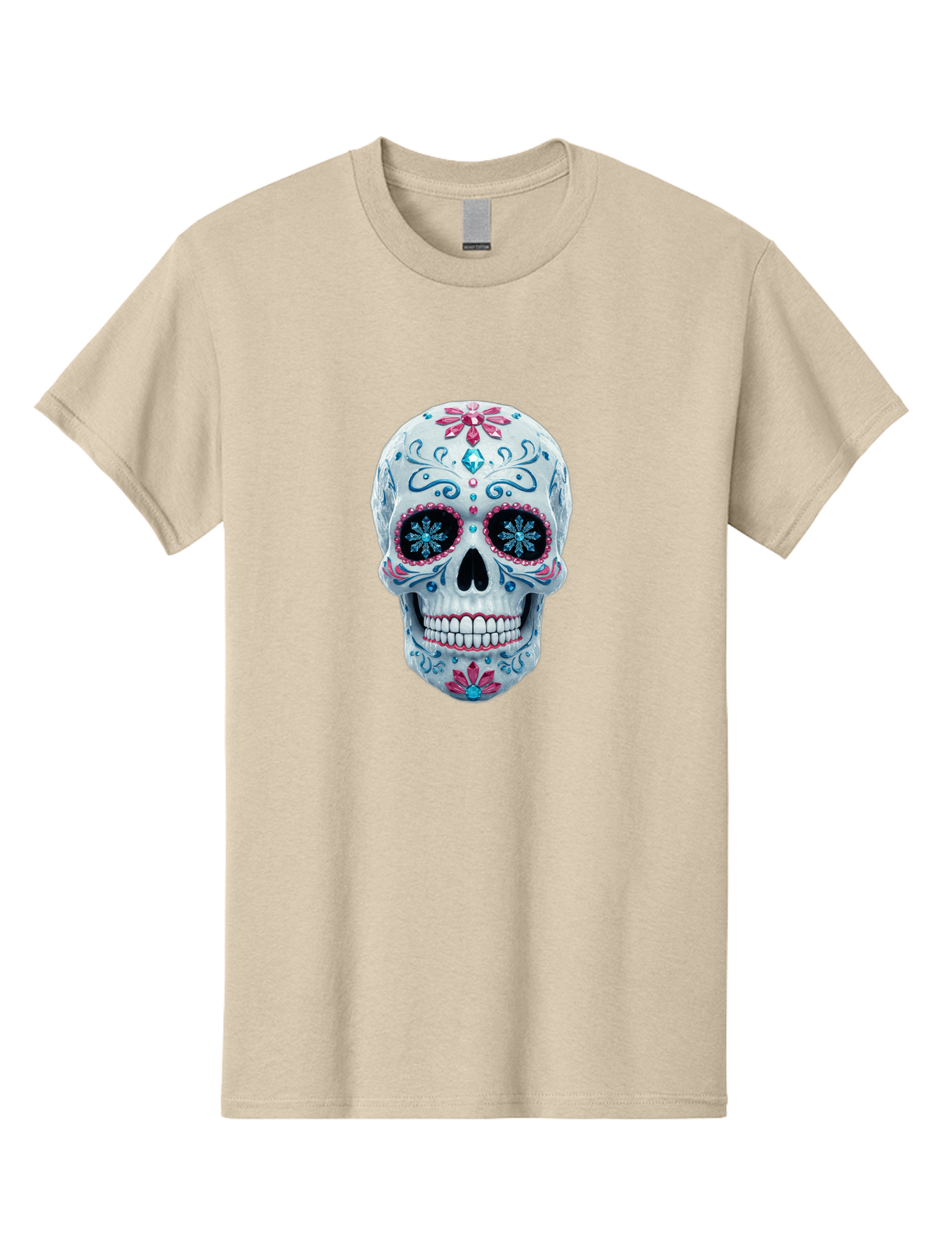Sugar-Skull-21 Men'S Graphic Tee, 100% Cotton, Comfortable Casual Summer Wear, Machine Washable, Sugar Skull, Day Of The Dead, Decorative Skull, Floral Designs, Blue And Pink Patterns, Intricate Details, Festive Vibe, Cultural Heritage, Bad771