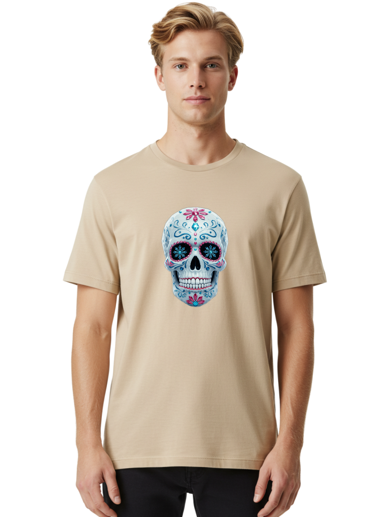 Sugar-Skull-21 Men'S Graphic Tee, 100% Cotton, Comfortable Casual Summer Wear, Machine Washable, Sugar Skull, Day Of The Dead, Decorative Skull, Floral Designs, Blue And Pink Patterns, Intricate Details, Festive Vibe, Cultural Heritage, Bad771