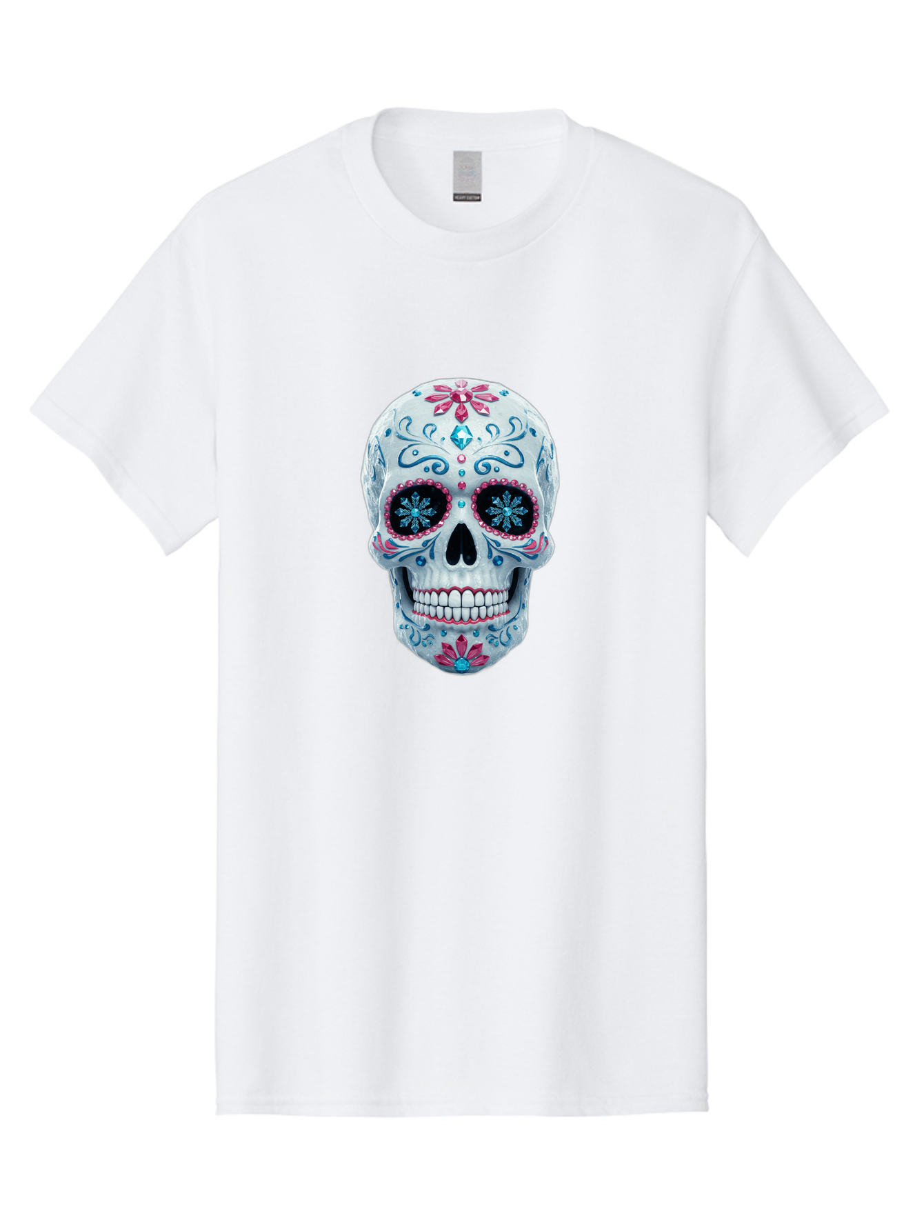 Sugar-Skull-21 Men'S Graphic Tee, 100% Cotton, Comfortable Casual Summer Wear, Machine Washable, Sugar Skull, Day Of The Dead, Decorative Skull, Floral Designs, Blue And Pink Patterns, Intricate Details, Festive Vibe, Cultural Heritage, Bad771