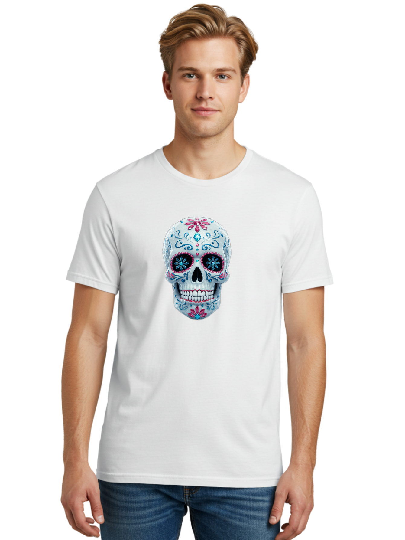 Sugar-Skull-21 Men'S Graphic Tee, 100% Cotton, Comfortable Casual Summer Wear, Machine Washable, Sugar Skull, Day Of The Dead, Decorative Skull, Floral Designs, Blue And Pink Patterns, Intricate Details, Festive Vibe, Cultural Heritage, Bad771