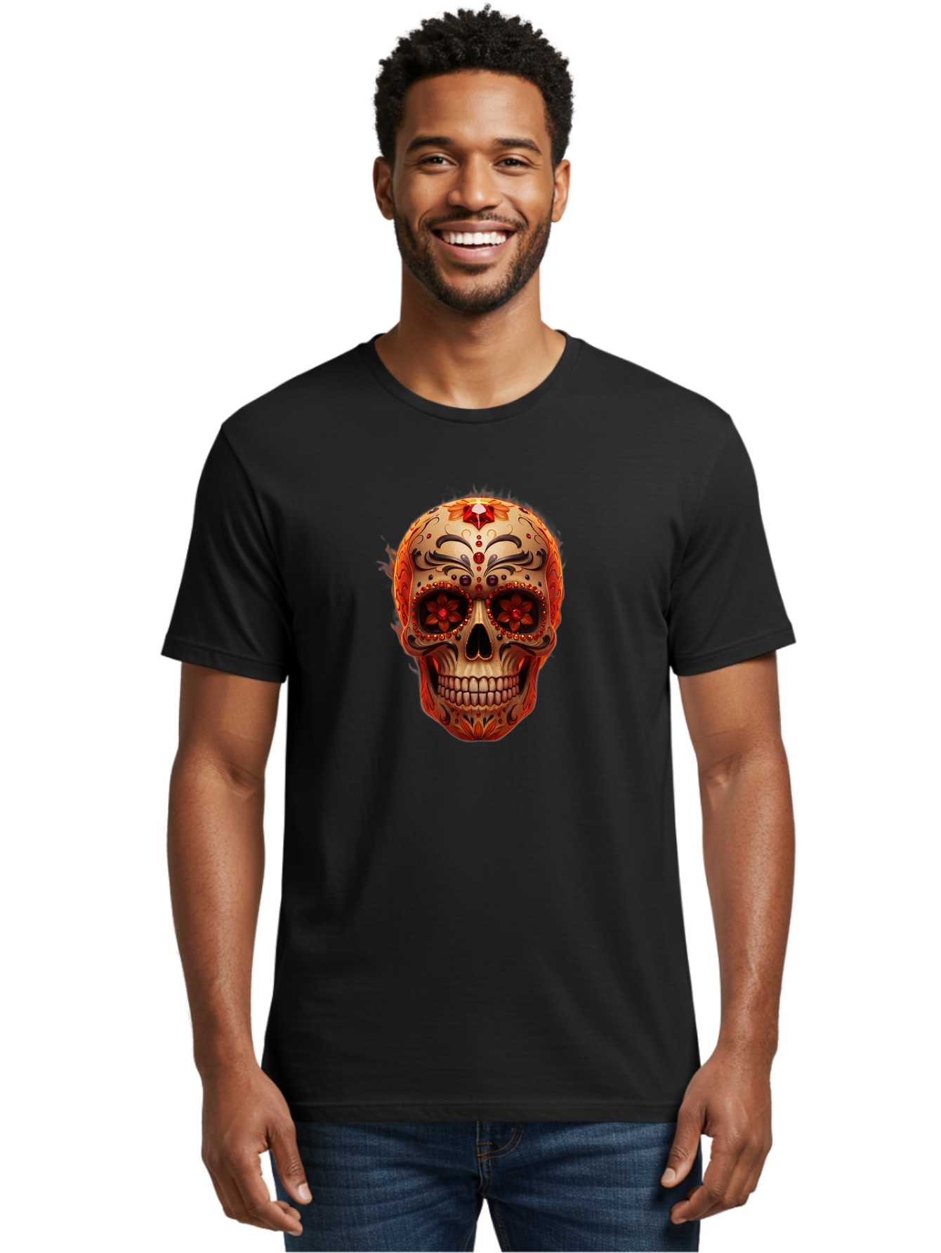 Sugar-Skull-22 Men'S Graphic Tee, 100% Cotton, Comfortable Casual Summer Wear, Machine Washable, Sugar Skull, Day Of The Dead, Mexican Culture, Decorated Skull, Floral Designs, Red Jewels, Festive, Traditional Art, Vibrant, Ornate Bad772