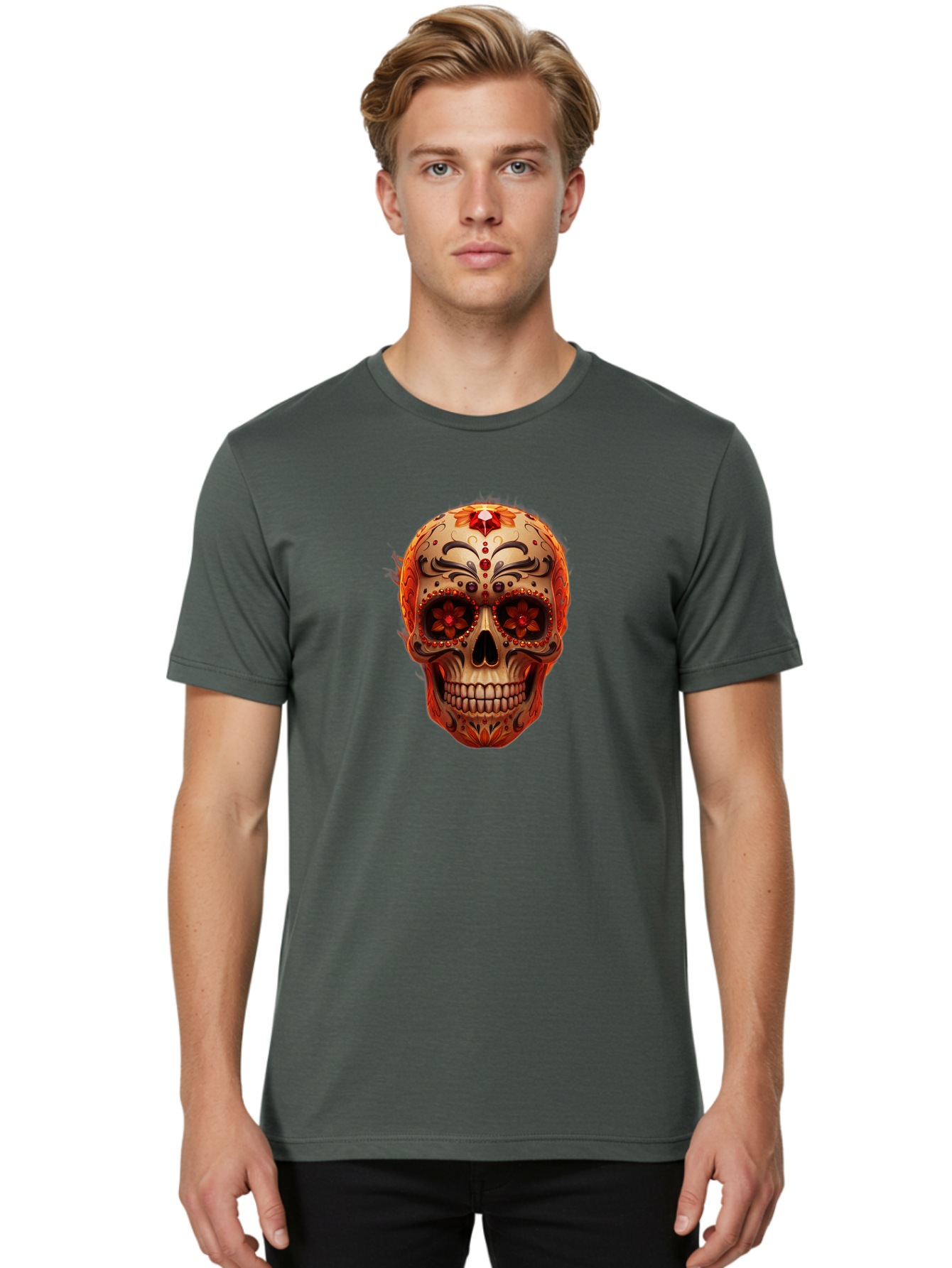 Sugar-Skull-22 Men'S Graphic Tee, 100% Cotton, Comfortable Casual Summer Wear, Machine Washable, Sugar Skull, Day Of The Dead, Mexican Culture, Decorated Skull, Floral Designs, Red Jewels, Festive, Traditional Art, Vibrant, Ornate Bad772