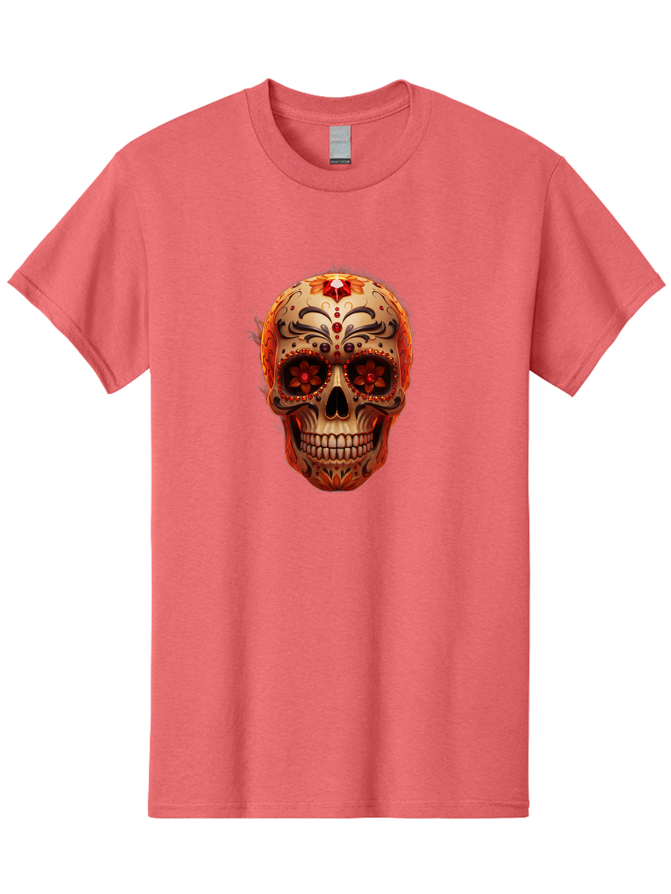 Sugar-Skull-22 Men'S Graphic Tee, 100% Cotton, Comfortable Casual Summer Wear, Machine Washable, Sugar Skull, Day Of The Dead, Mexican Culture, Decorated Skull, Floral Designs, Red Jewels, Festive, Traditional Art, Vibrant, Ornate Bad772