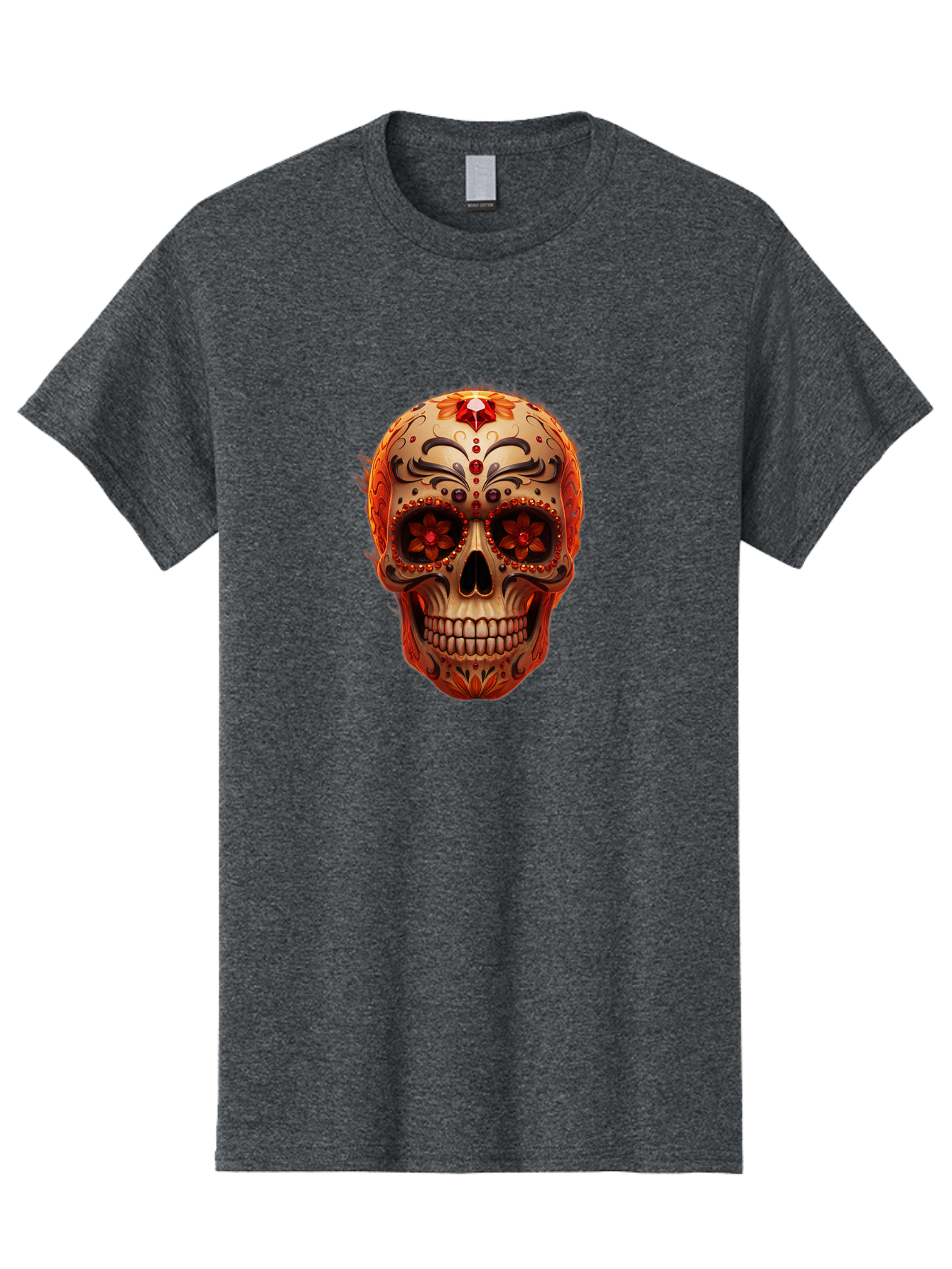 Sugar-Skull-22 Men'S Graphic Tee, 100% Cotton, Comfortable Casual Summer Wear, Machine Washable, Sugar Skull, Day Of The Dead, Mexican Culture, Decorated Skull, Floral Designs, Red Jewels, Festive, Traditional Art, Vibrant, Ornate Bad772