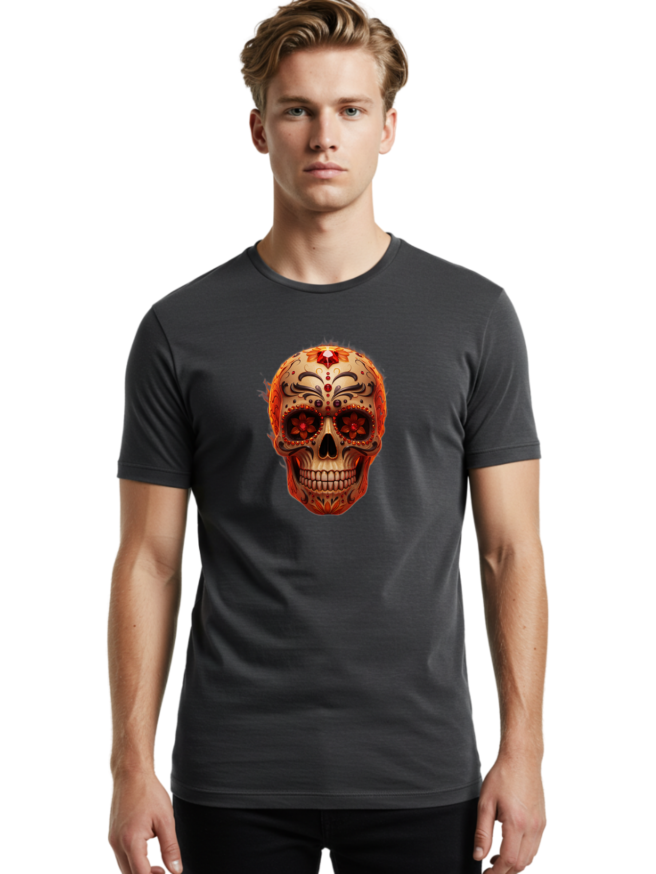Sugar-Skull-22 Men'S Graphic Tee, 100% Cotton, Comfortable Casual Summer Wear, Machine Washable, Sugar Skull, Day Of The Dead, Mexican Culture, Decorated Skull, Floral Designs, Red Jewels, Festive, Traditional Art, Vibrant, Ornate Bad772