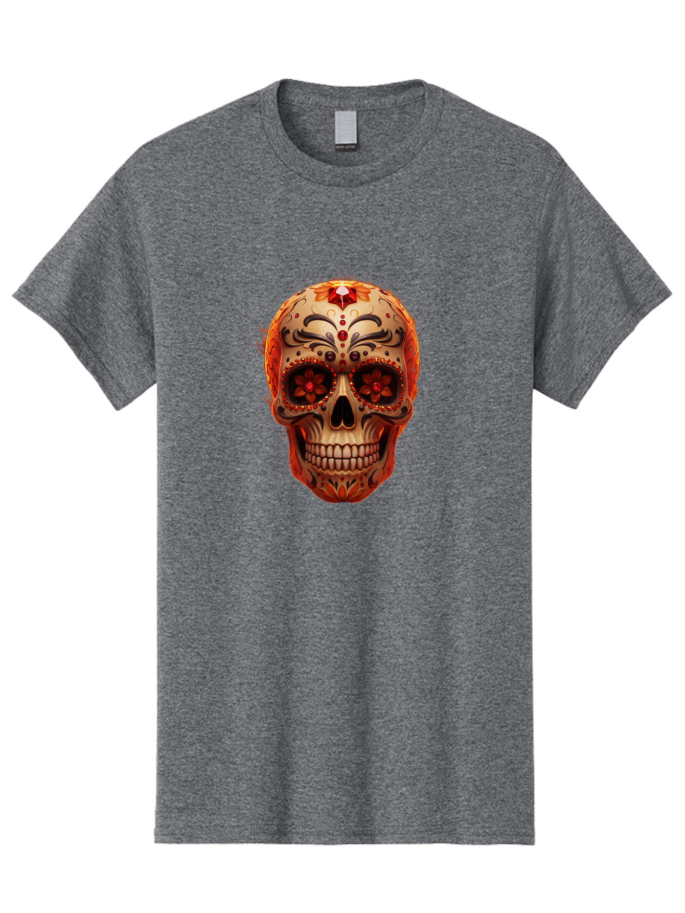 Sugar-Skull-22 Men'S Graphic Tee, 100% Cotton, Comfortable Casual Summer Wear, Machine Washable, Sugar Skull, Day Of The Dead, Mexican Culture, Decorated Skull, Floral Designs, Red Jewels, Festive, Traditional Art, Vibrant, Ornate Bad772