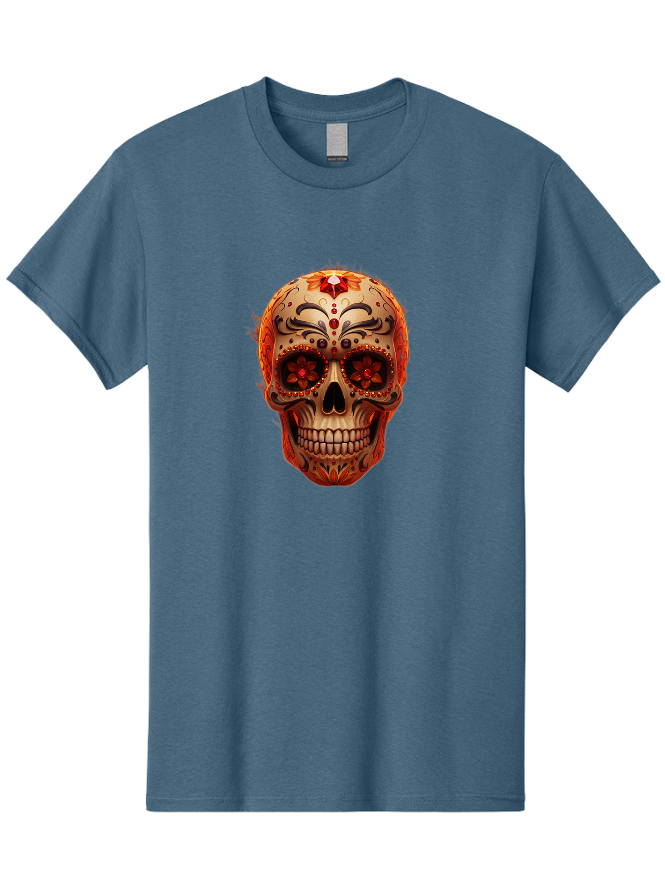 Sugar-Skull-22 Men'S Graphic Tee, 100% Cotton, Comfortable Casual Summer Wear, Machine Washable, Sugar Skull, Day Of The Dead, Mexican Culture, Decorated Skull, Floral Designs, Red Jewels, Festive, Traditional Art, Vibrant, Ornate Bad772