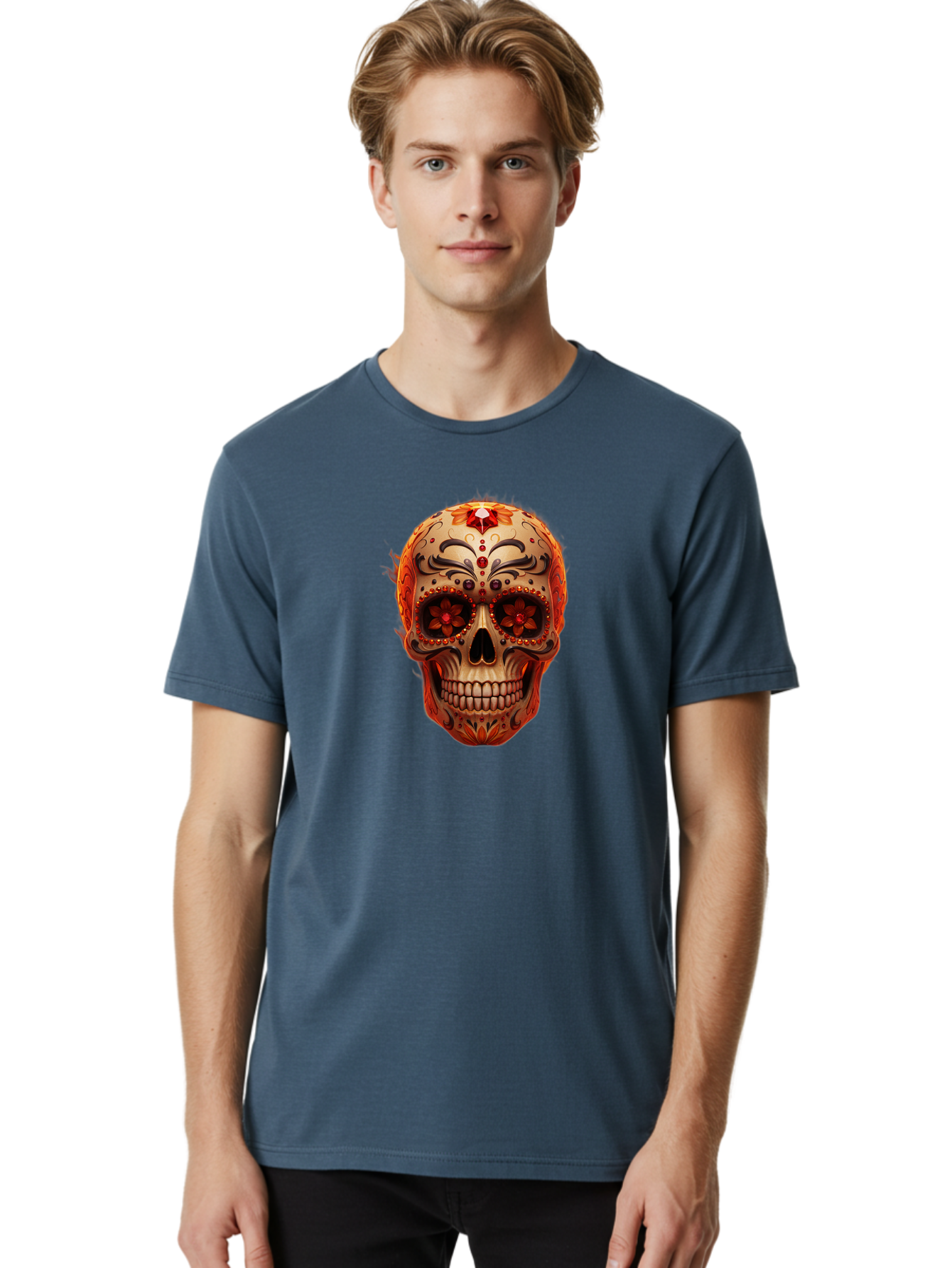 Sugar-Skull-22 Men'S Graphic Tee, 100% Cotton, Comfortable Casual Summer Wear, Machine Washable, Sugar Skull, Day Of The Dead, Mexican Culture, Decorated Skull, Floral Designs, Red Jewels, Festive, Traditional Art, Vibrant, Ornate Bad772
