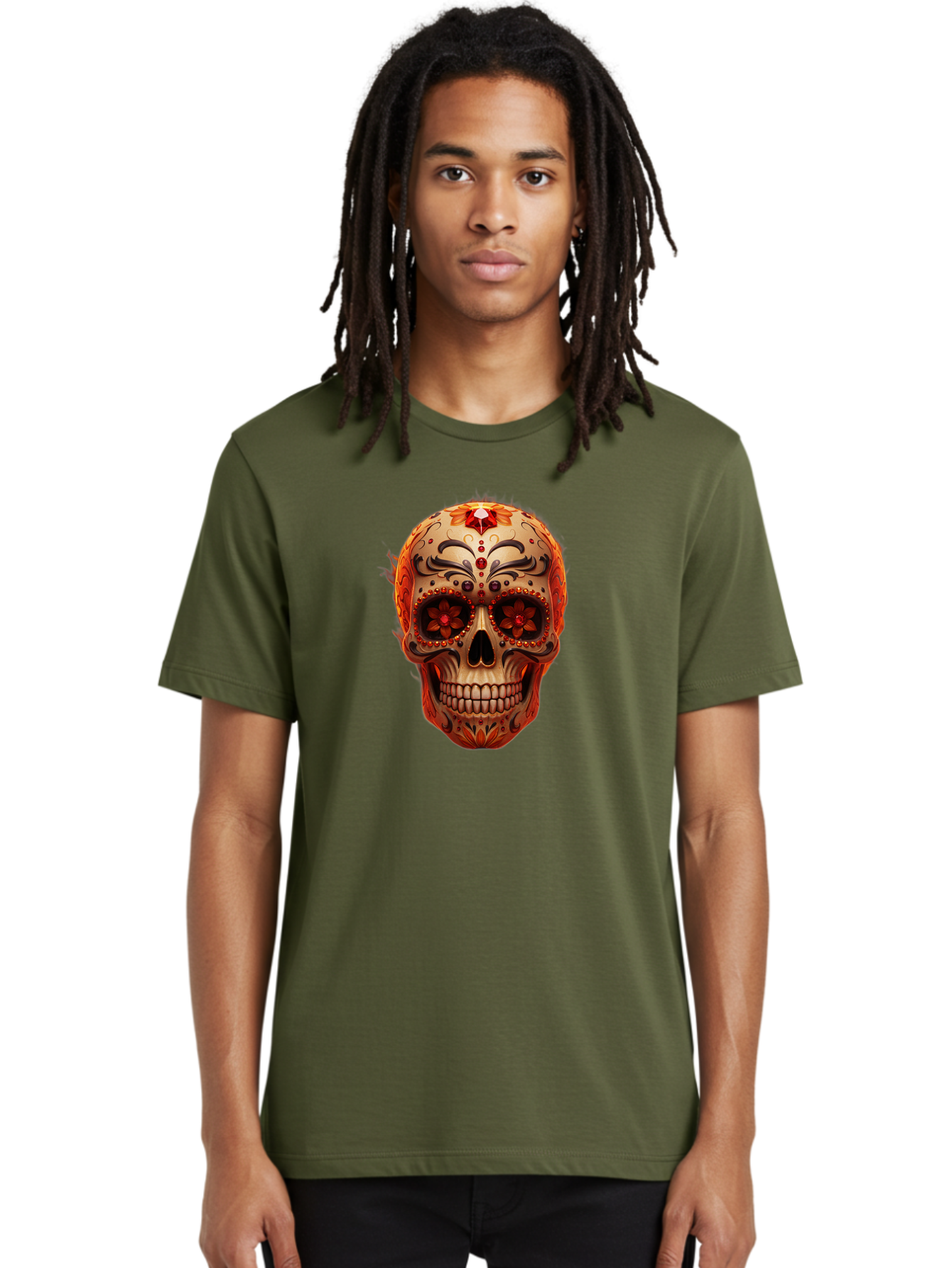 Sugar-Skull-22 Men'S Graphic Tee, 100% Cotton, Comfortable Casual Summer Wear, Machine Washable, Sugar Skull, Day Of The Dead, Mexican Culture, Decorated Skull, Floral Designs, Red Jewels, Festive, Traditional Art, Vibrant, Ornate Bad772