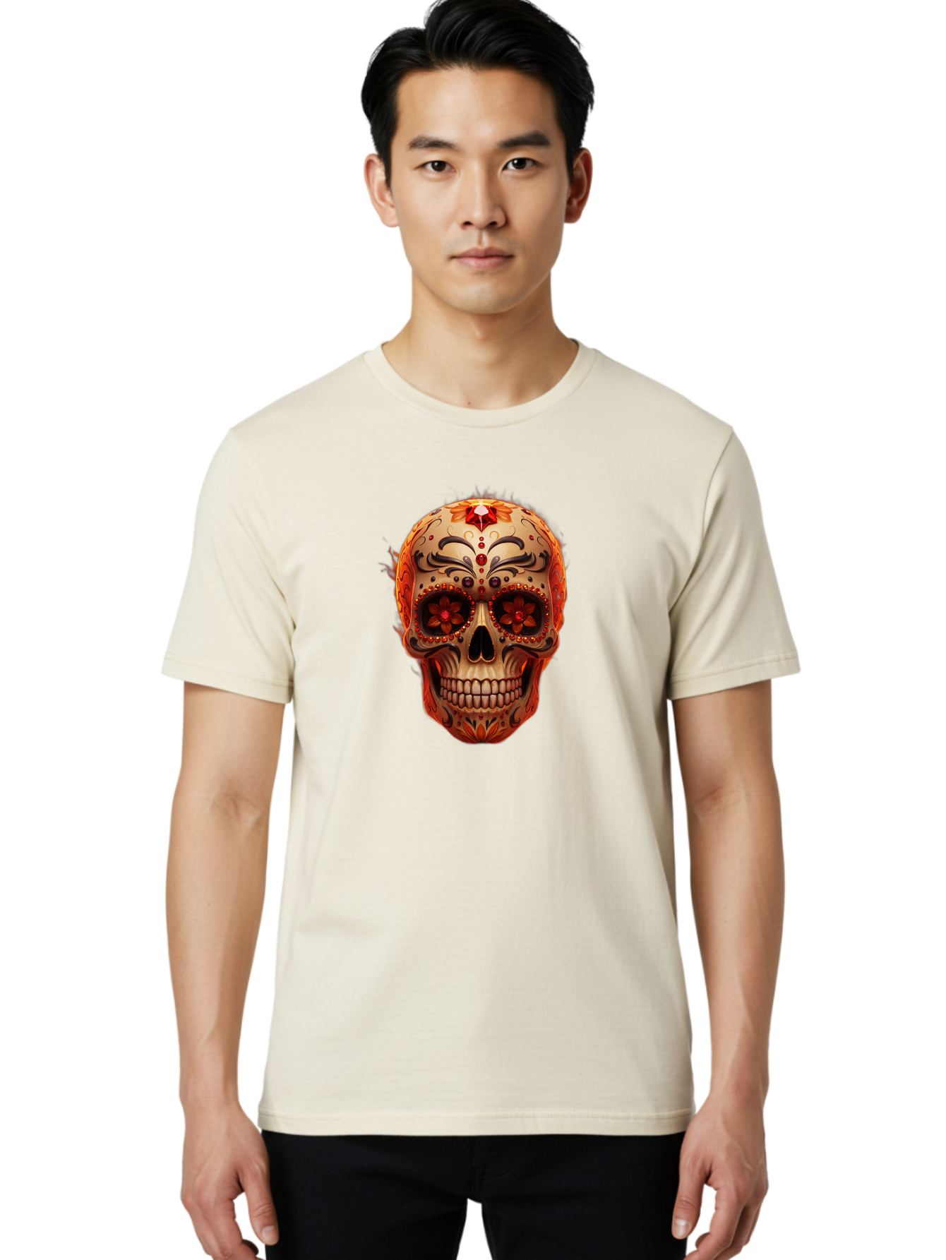Sugar-Skull-22 Men'S Graphic Tee, 100% Cotton, Comfortable Casual Summer Wear, Machine Washable, Sugar Skull, Day Of The Dead, Mexican Culture, Decorated Skull, Floral Designs, Red Jewels, Festive, Traditional Art, Vibrant, Ornate Bad772