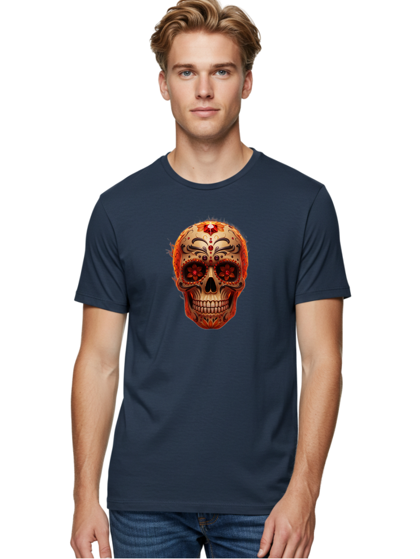 Sugar-Skull-22 Men'S Graphic Tee, 100% Cotton, Comfortable Casual Summer Wear, Machine Washable, Sugar Skull, Day Of The Dead, Mexican Culture, Decorated Skull, Floral Designs, Red Jewels, Festive, Traditional Art, Vibrant, Ornate Bad772