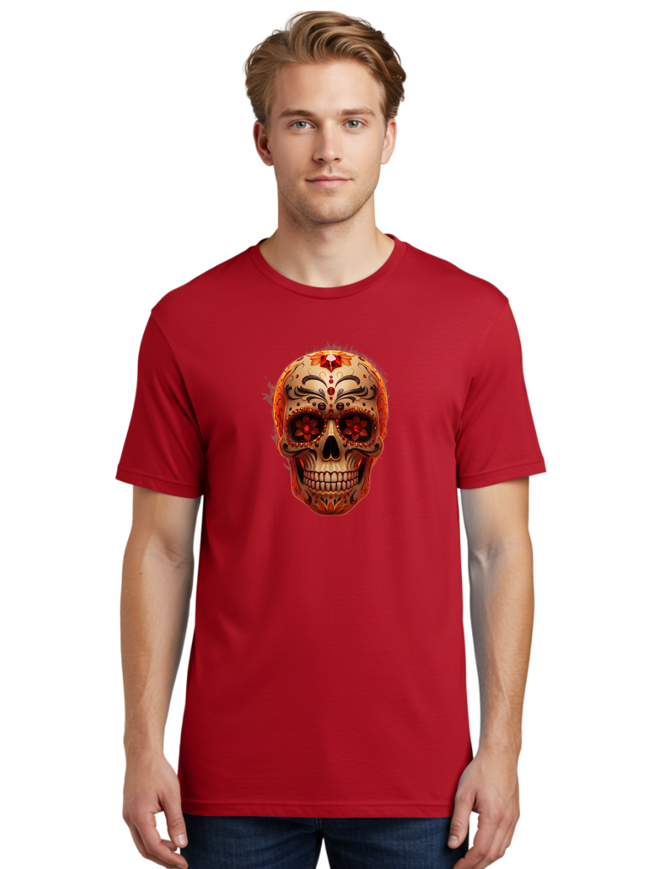 Sugar-Skull-22 Men'S Graphic Tee, 100% Cotton, Comfortable Casual Summer Wear, Machine Washable, Sugar Skull, Day Of The Dead, Mexican Culture, Decorated Skull, Floral Designs, Red Jewels, Festive, Traditional Art, Vibrant, Ornate Bad772