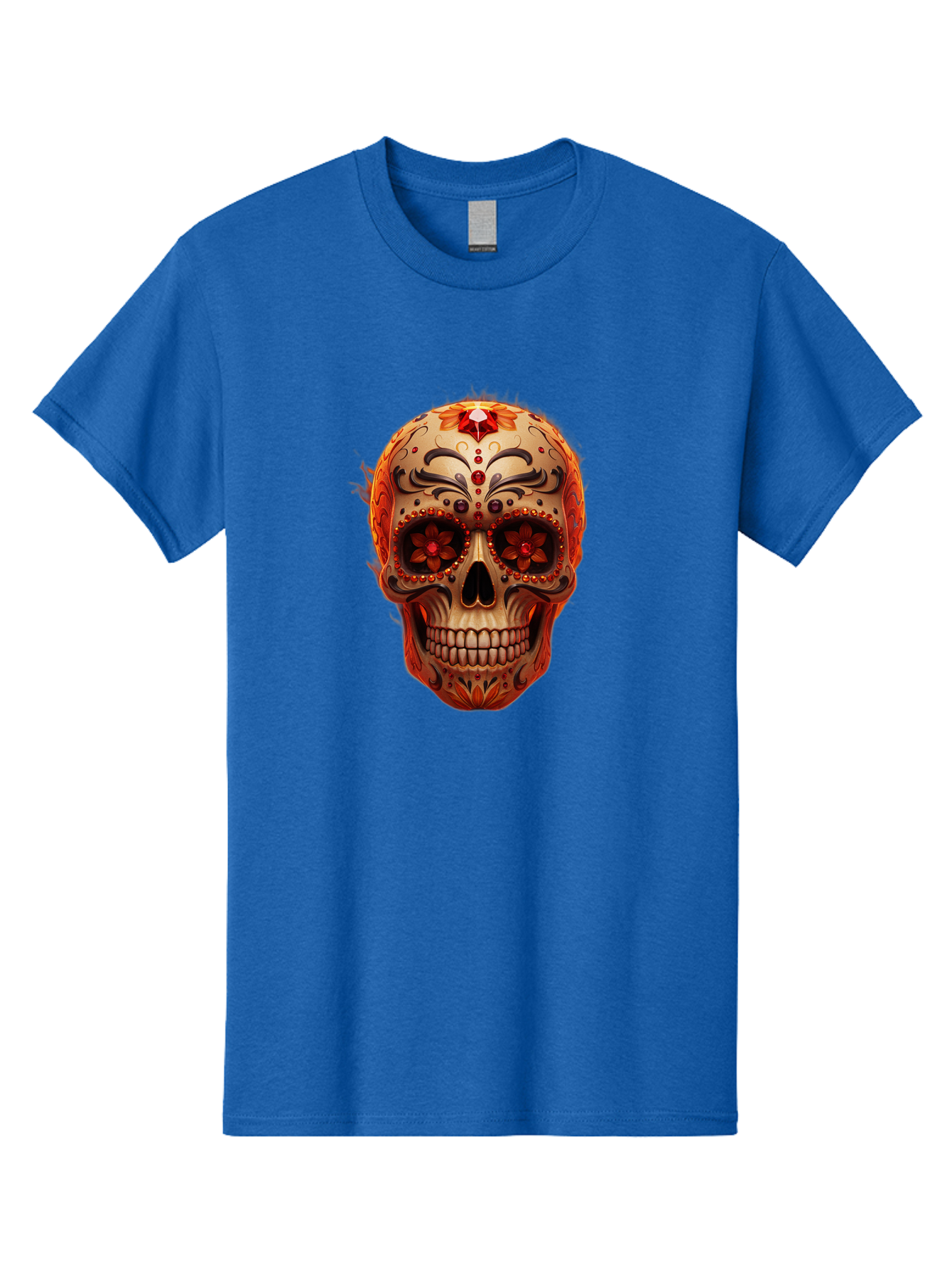 Sugar-Skull-22 Men'S Graphic Tee, 100% Cotton, Comfortable Casual Summer Wear, Machine Washable, Sugar Skull, Day Of The Dead, Mexican Culture, Decorated Skull, Floral Designs, Red Jewels, Festive, Traditional Art, Vibrant, Ornate Bad772
