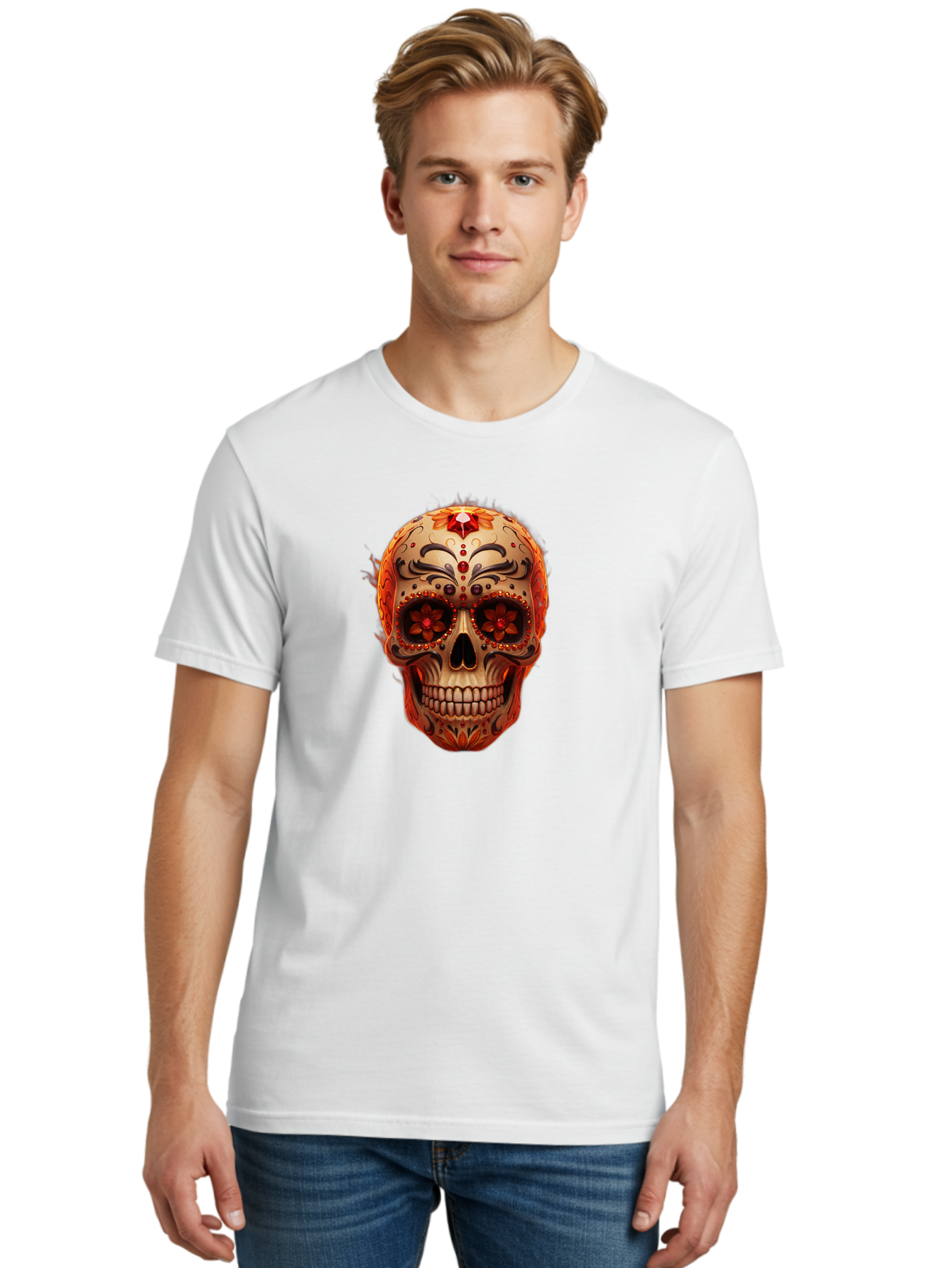 Sugar-Skull-22 Men'S Graphic Tee, 100% Cotton, Comfortable Casual Summer Wear, Machine Washable, Sugar Skull, Day Of The Dead, Mexican Culture, Decorated Skull, Floral Designs, Red Jewels, Festive, Traditional Art, Vibrant, Ornate Bad772
