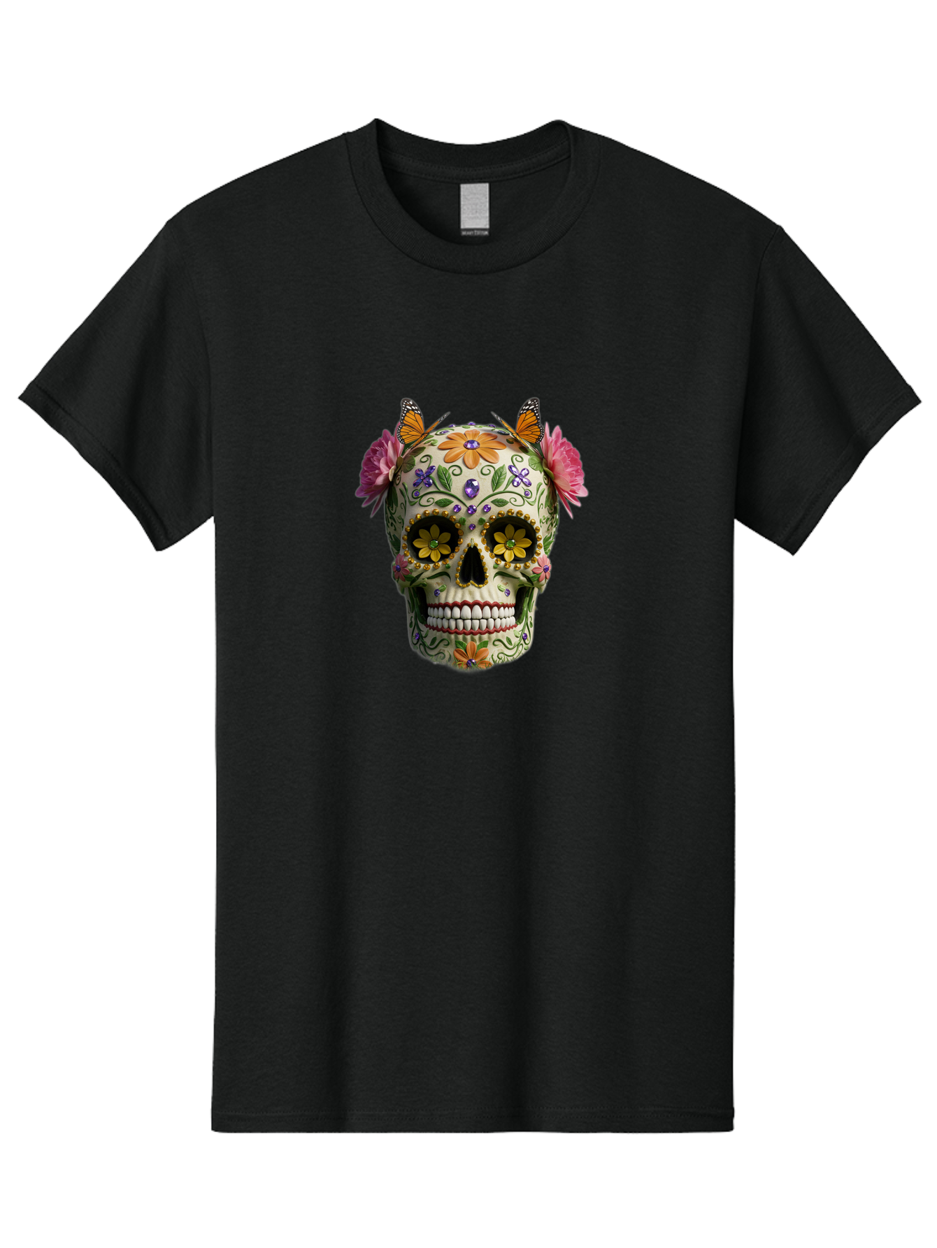 Sugar-Skull-23 Men'S Graphic Tee, 100% Cotton, Comfortable Casual Summer Wear, Machine Washable, Sugar Skull, Floral Designs, Vibrant Colors, Butterfly Decorations, Day Of The Dead, Mexican Culture, Festive Atmosphere, Colorful Flowers, Bad773