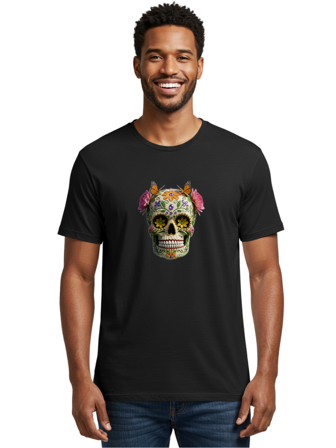 Sugar-Skull-23 Men'S Graphic Tee, 100% Cotton, Comfortable Casual Summer Wear, Machine Washable, Sugar Skull, Floral Designs, Vibrant Colors, Butterfly Decorations, Day Of The Dead, Mexican Culture, Festive Atmosphere, Colorful Flowers, Bad773