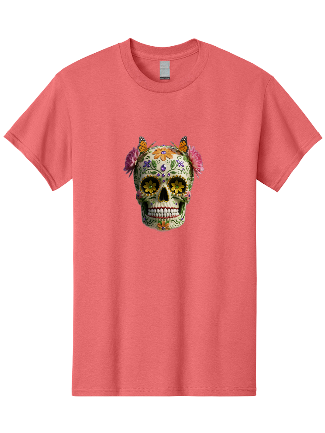 Sugar-Skull-23 Men'S Graphic Tee, 100% Cotton, Comfortable Casual Summer Wear, Machine Washable, Sugar Skull, Floral Designs, Vibrant Colors, Butterfly Decorations, Day Of The Dead, Mexican Culture, Festive Atmosphere, Colorful Flowers, Bad773