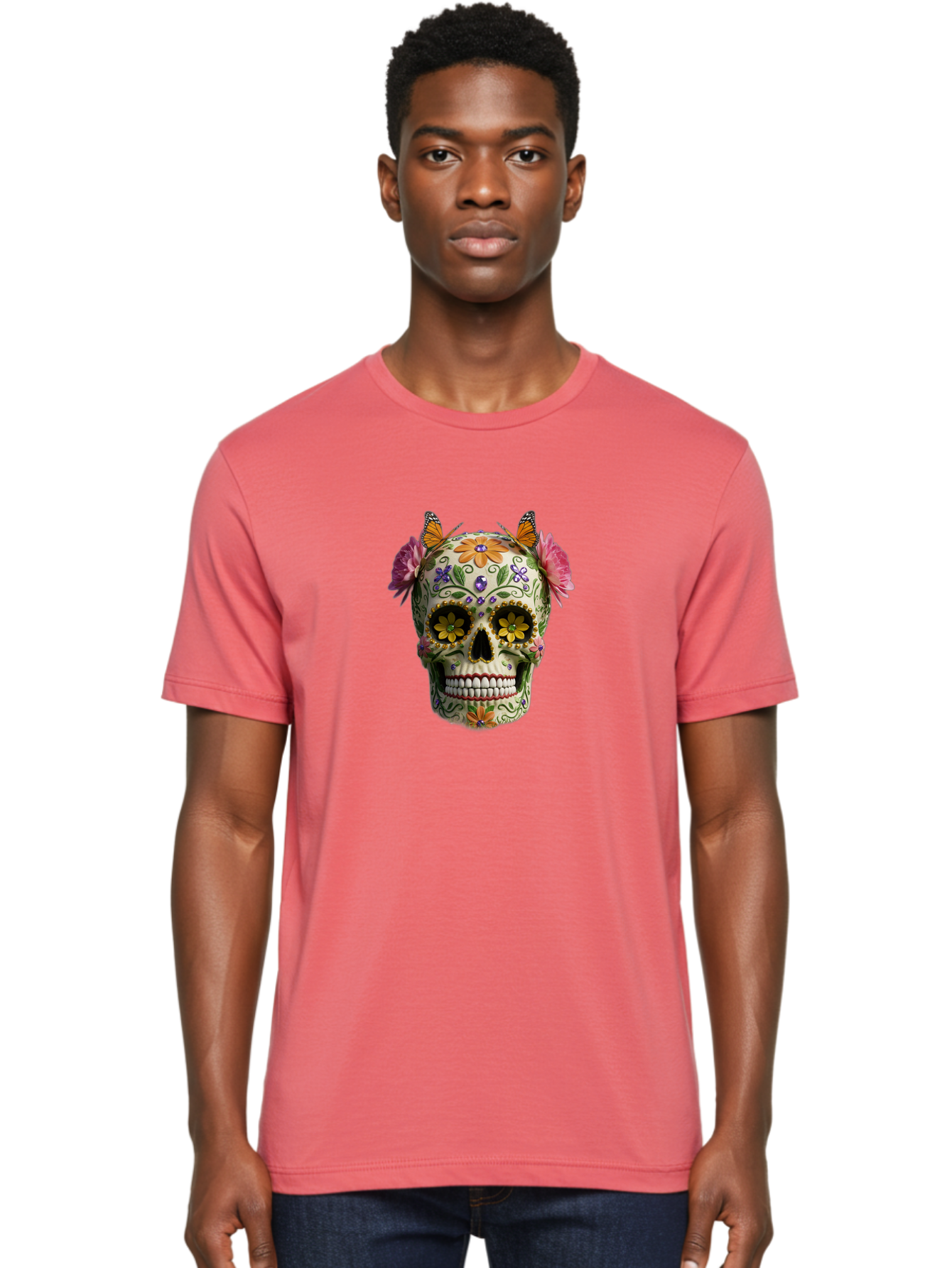 Sugar-Skull-23 Men'S Graphic Tee, 100% Cotton, Comfortable Casual Summer Wear, Machine Washable, Sugar Skull, Floral Designs, Vibrant Colors, Butterfly Decorations, Day Of The Dead, Mexican Culture, Festive Atmosphere, Colorful Flowers, Bad773