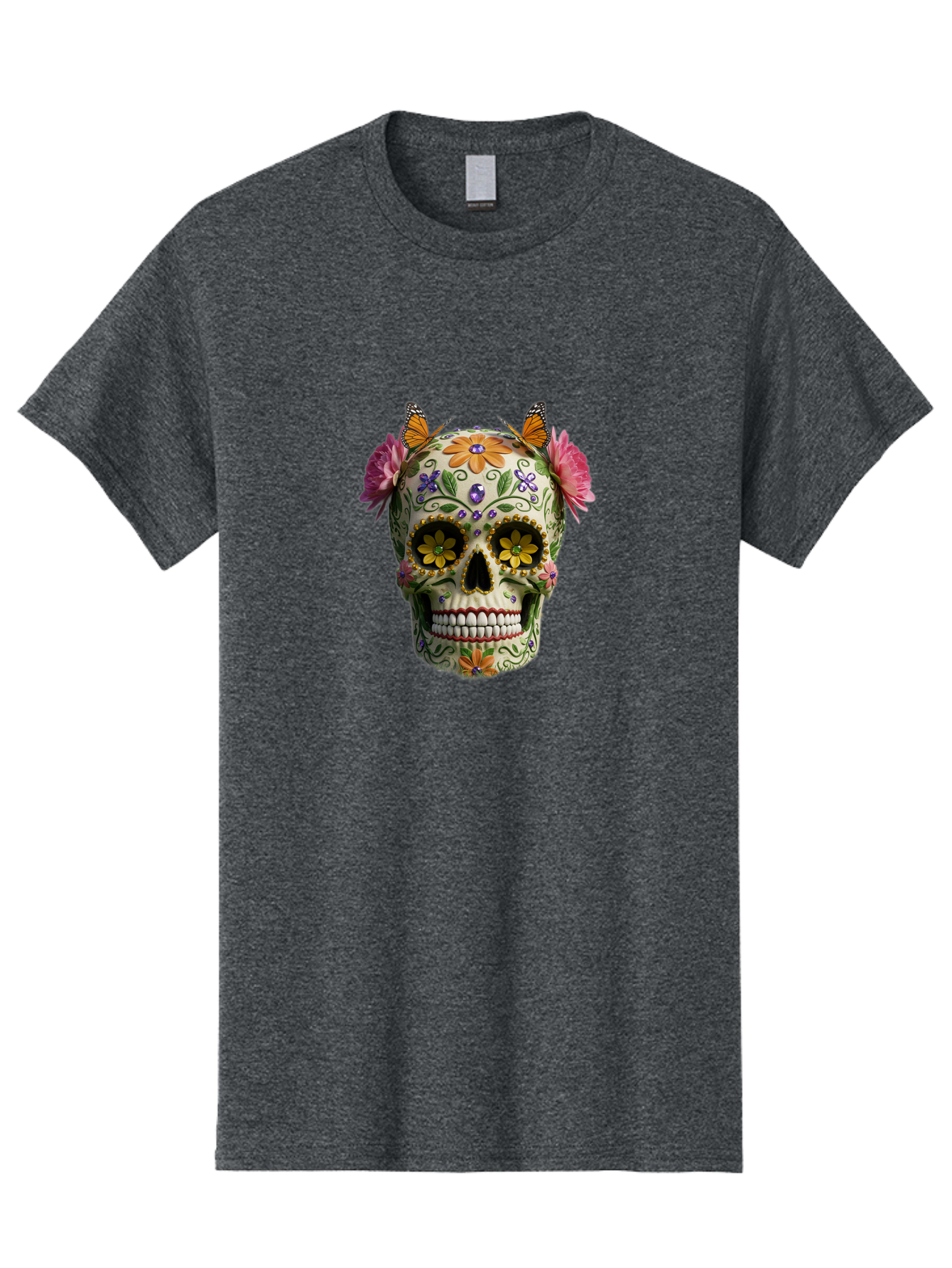 Sugar-Skull-23 Men'S Graphic Tee, 100% Cotton, Comfortable Casual Summer Wear, Machine Washable, Sugar Skull, Floral Designs, Vibrant Colors, Butterfly Decorations, Day Of The Dead, Mexican Culture, Festive Atmosphere, Colorful Flowers, Bad773