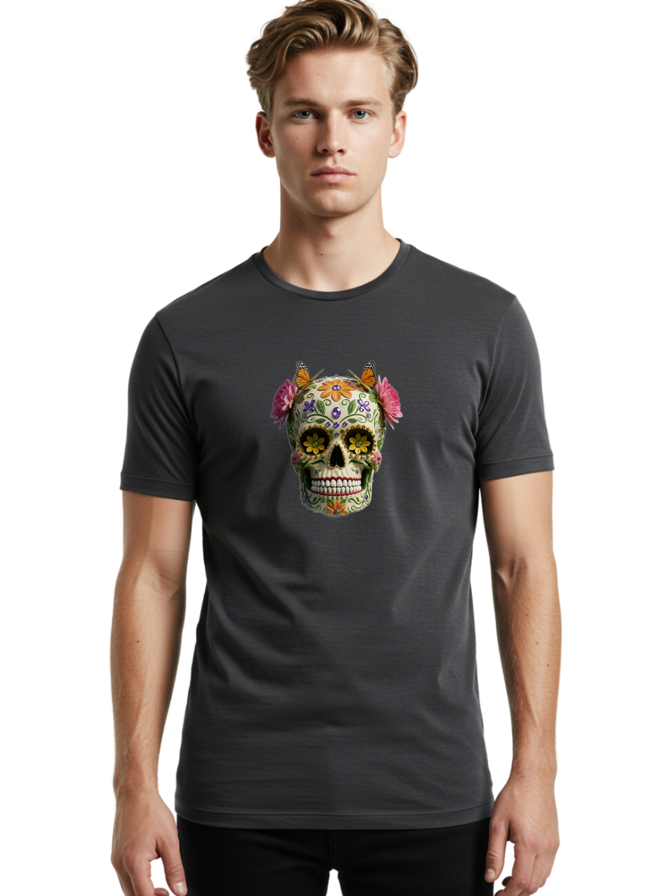 Sugar-Skull-23 Men'S Graphic Tee, 100% Cotton, Comfortable Casual Summer Wear, Machine Washable, Sugar Skull, Floral Designs, Vibrant Colors, Butterfly Decorations, Day Of The Dead, Mexican Culture, Festive Atmosphere, Colorful Flowers, Bad773