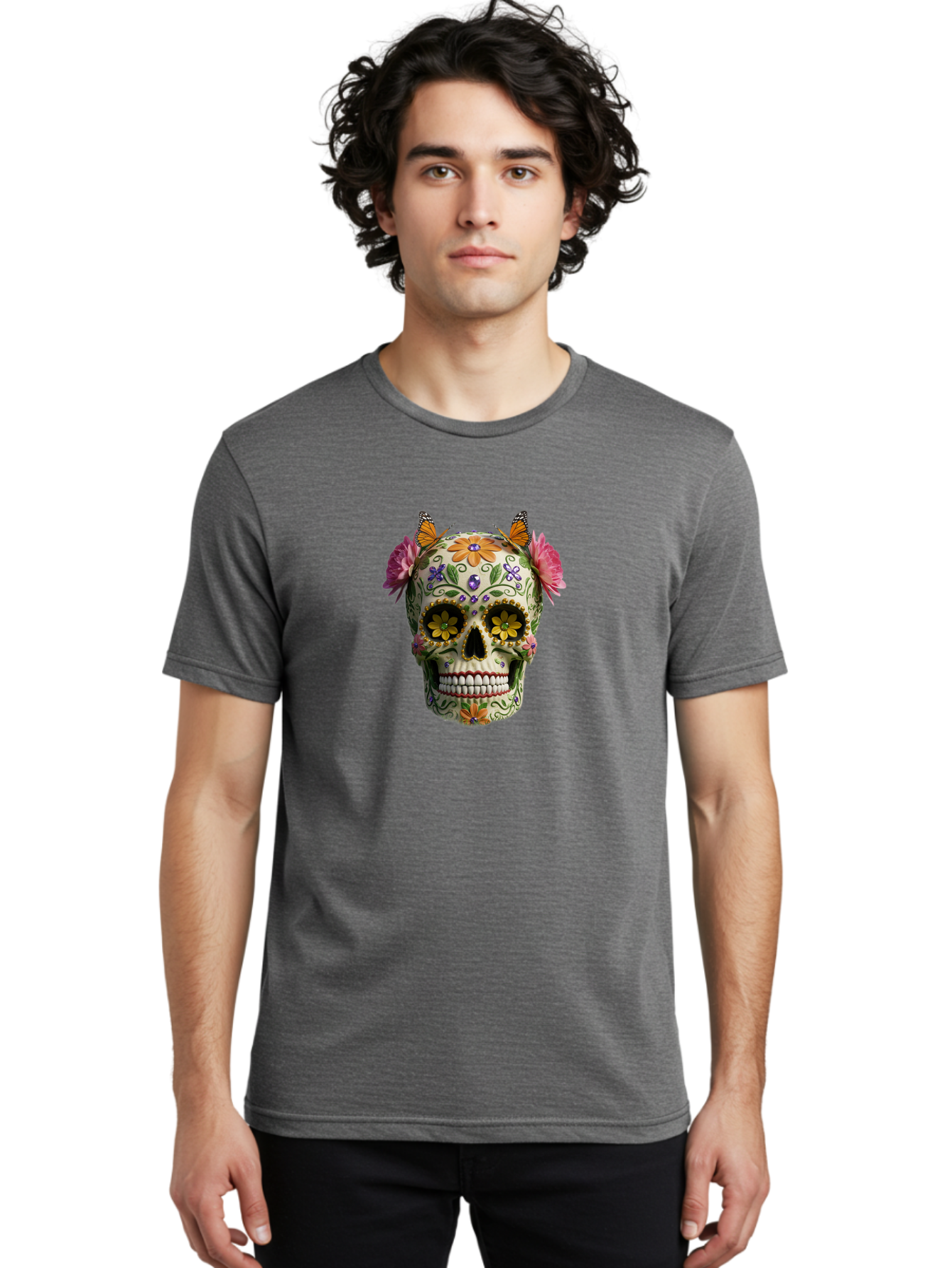 Sugar-Skull-23 Men'S Graphic Tee, 100% Cotton, Comfortable Casual Summer Wear, Machine Washable, Sugar Skull, Floral Designs, Vibrant Colors, Butterfly Decorations, Day Of The Dead, Mexican Culture, Festive Atmosphere, Colorful Flowers, Bad773