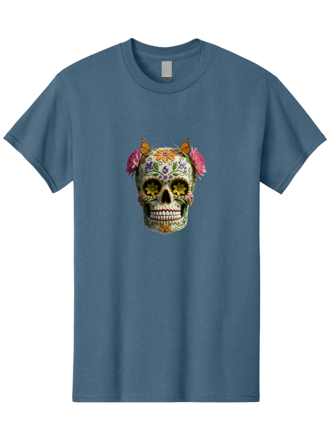 Sugar-Skull-23 Men'S Graphic Tee, 100% Cotton, Comfortable Casual Summer Wear, Machine Washable, Sugar Skull, Floral Designs, Vibrant Colors, Butterfly Decorations, Day Of The Dead, Mexican Culture, Festive Atmosphere, Colorful Flowers, Bad773